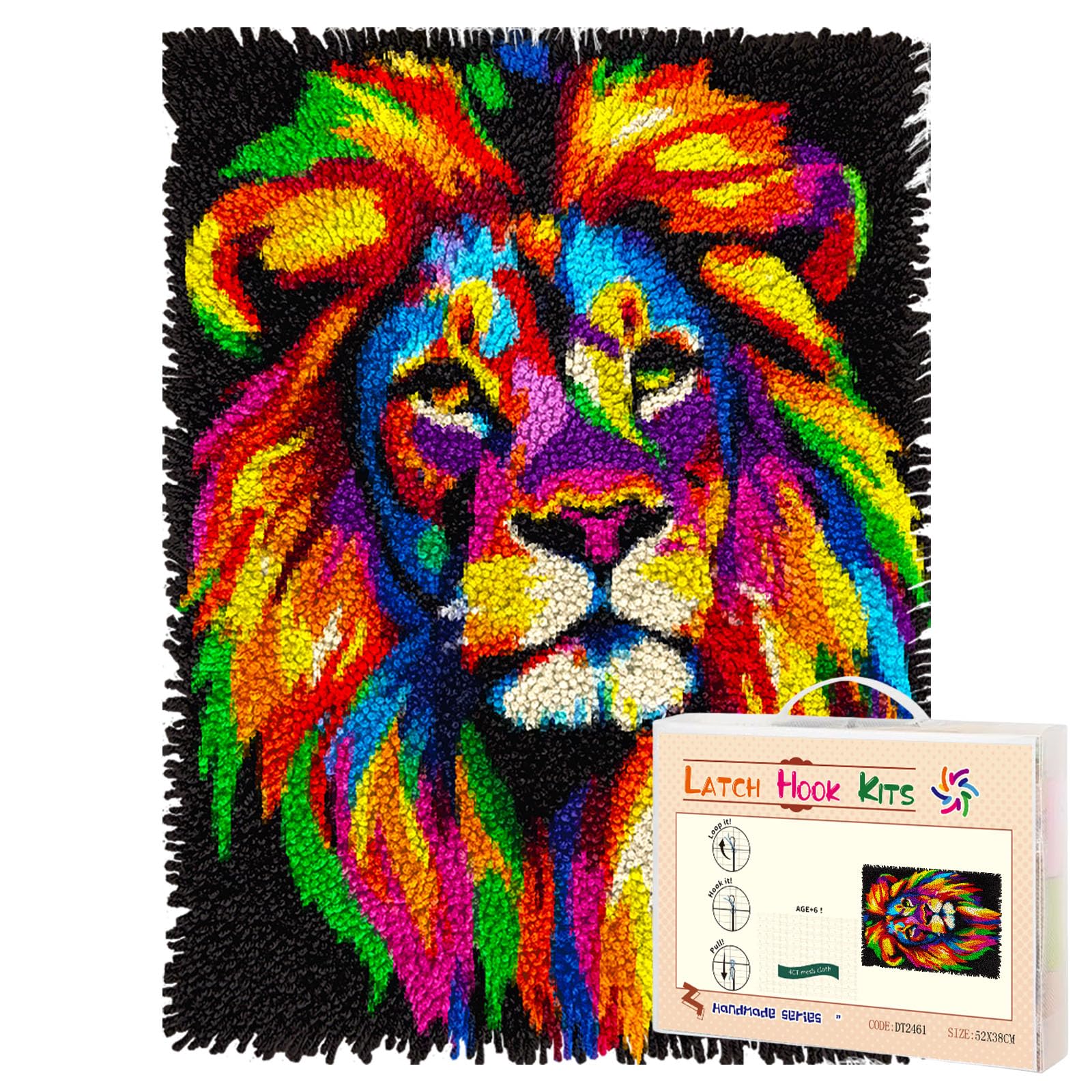 Latch Hook Rug Kit Colorful Lion Face Pre-Printed Handmade Carpet Crochet Yarn Craft DIY Hook and Latch Door Mat Tapestry for Home Floor Decoration 52x38cm-7