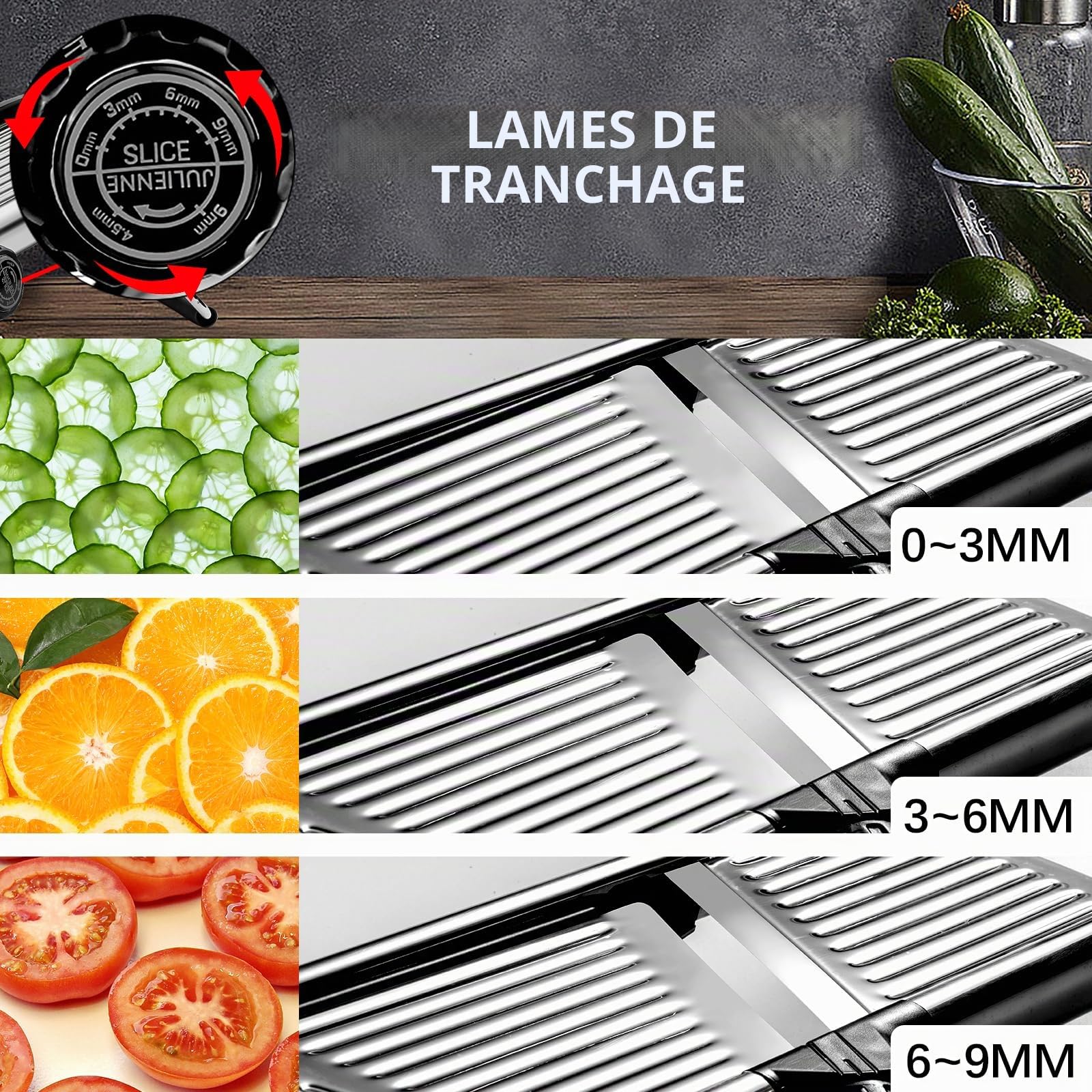 VEKAYA Mandoline Cuisine, Coupe Legumes Inox Professionnelle, Coupe Frites Manuel avec Protège Main et Gants de Sécurité, Mandoline Multifonctions avec Lames Réglable (Argent)