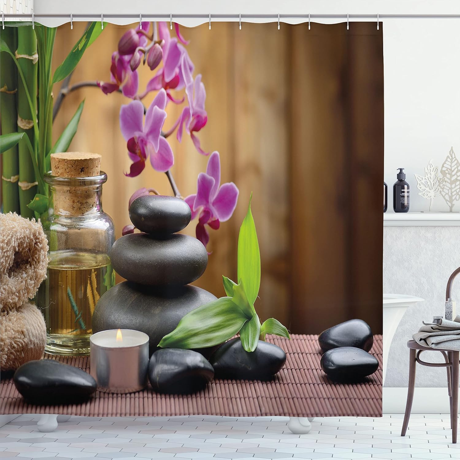 Ambesonne Spa Shower Curtain, Warm Welcoming Spa Reception Big Healing Stones Candles Scent Flowers Print, Cloth Fabric Bathroom Decor Set with Hooks, 69" W x 70" L, Purple Black and Green