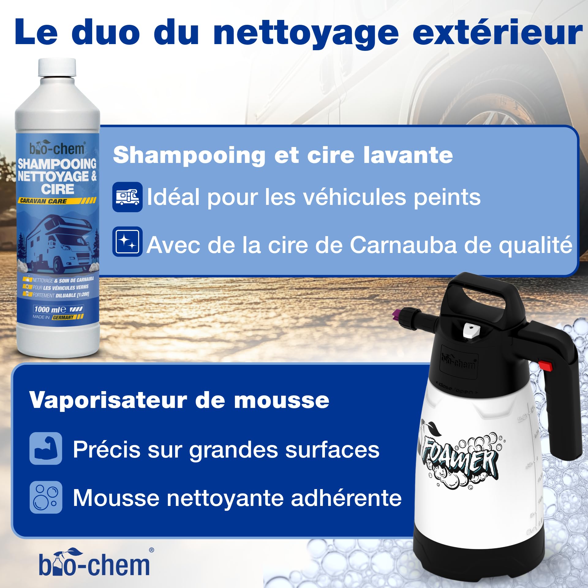 Bio-Chem - Profi Set nettoyage et cirage caravanes - Shampooing lavage et soin, cire de scellement carrosserie, décapant traces de pluie - Accessoires inclus