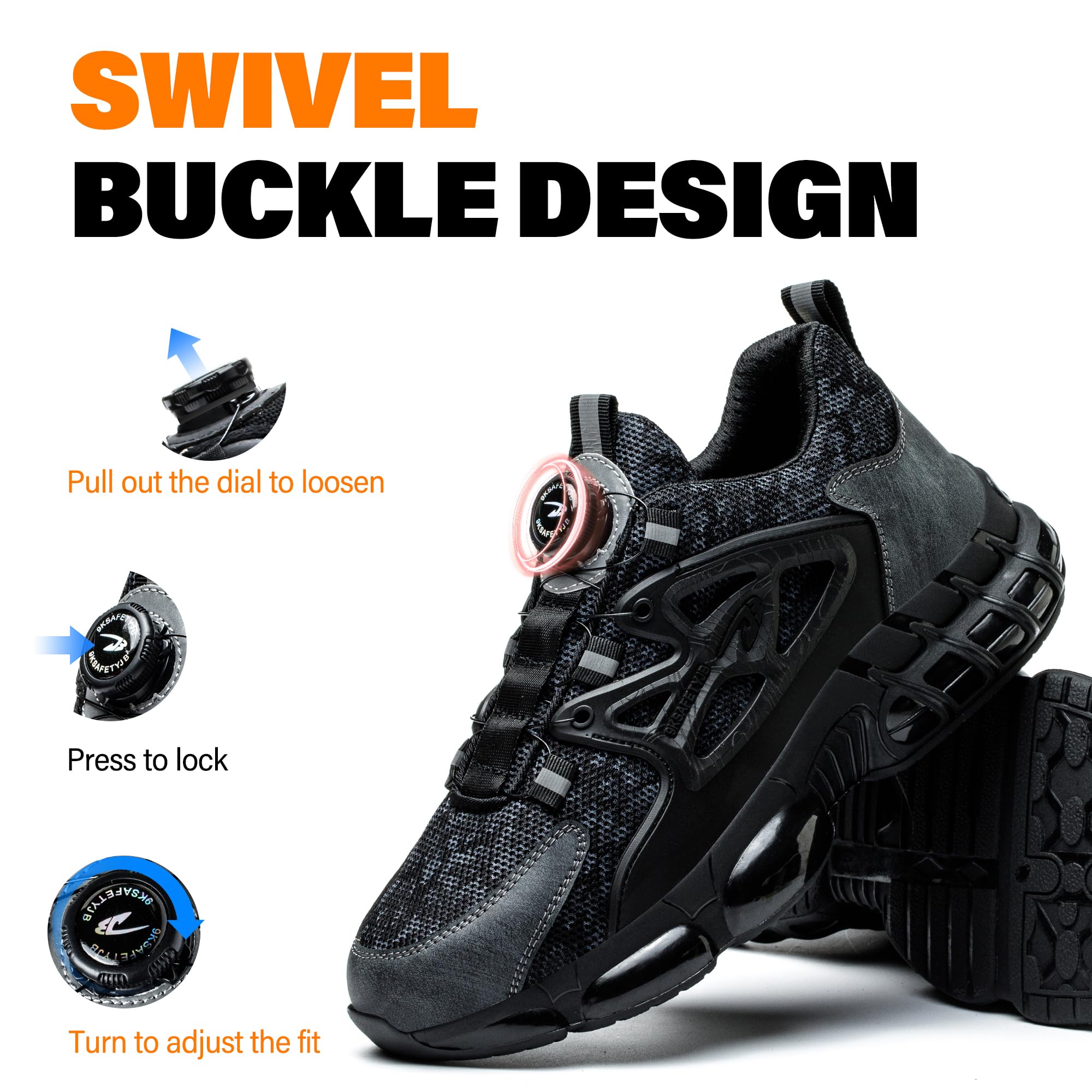 Scarpe da ginnastica di sicurezza da uomo e donna, con puntale in acciaio, traspiranti, con cuscinetto | Scarpe di sicurezza leggere a prova di puntale in acciaio a prova di puntale scarpe da ginnastica girevoli con fibbia