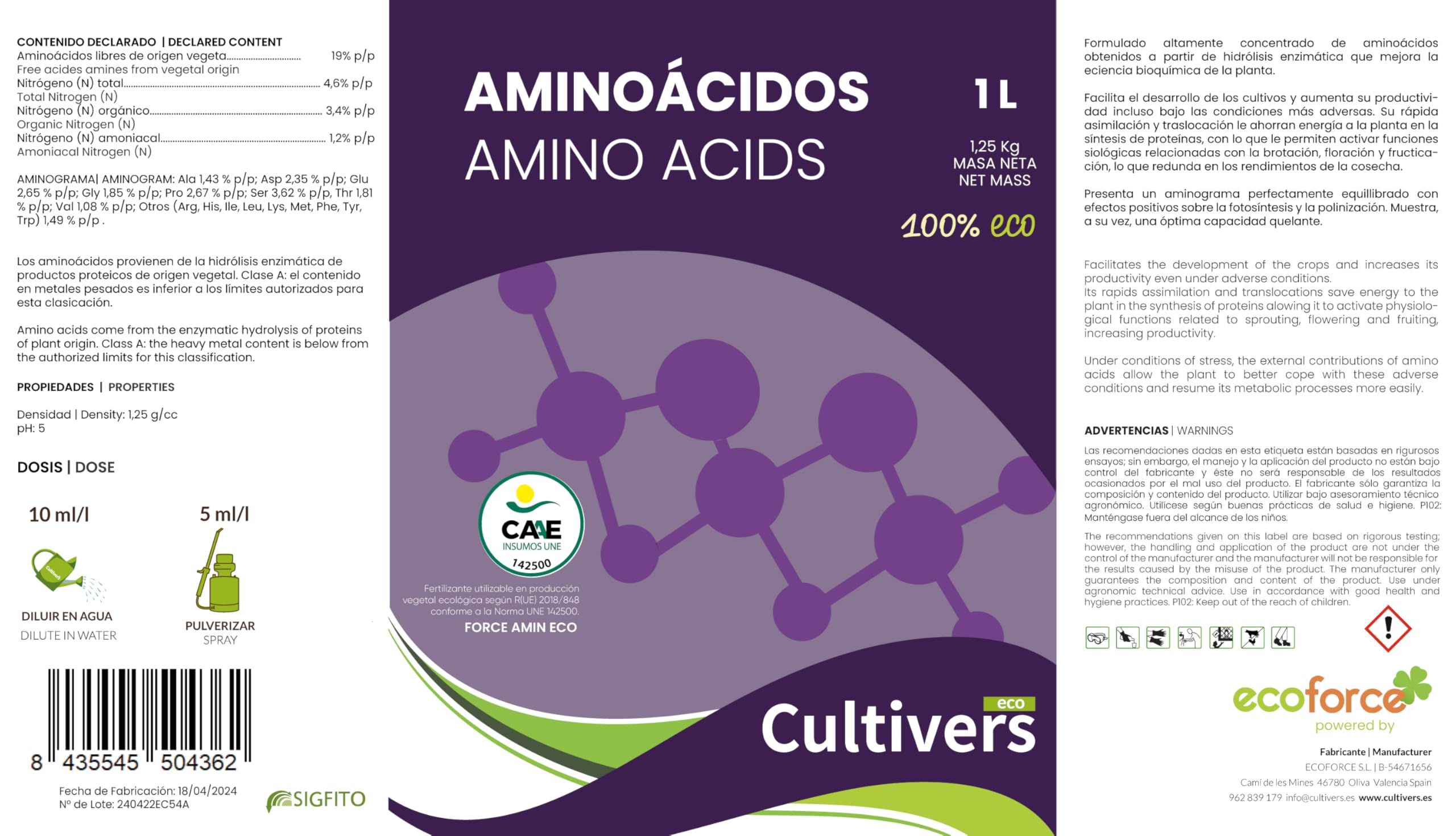 CULTIVERS Abono de Aminoácidos Vegetales de 5 L. Fertilizante potenciador del Crecimiento de tu Plantas en Exterior e Interior. Fertilizante Aumenta la productividad.