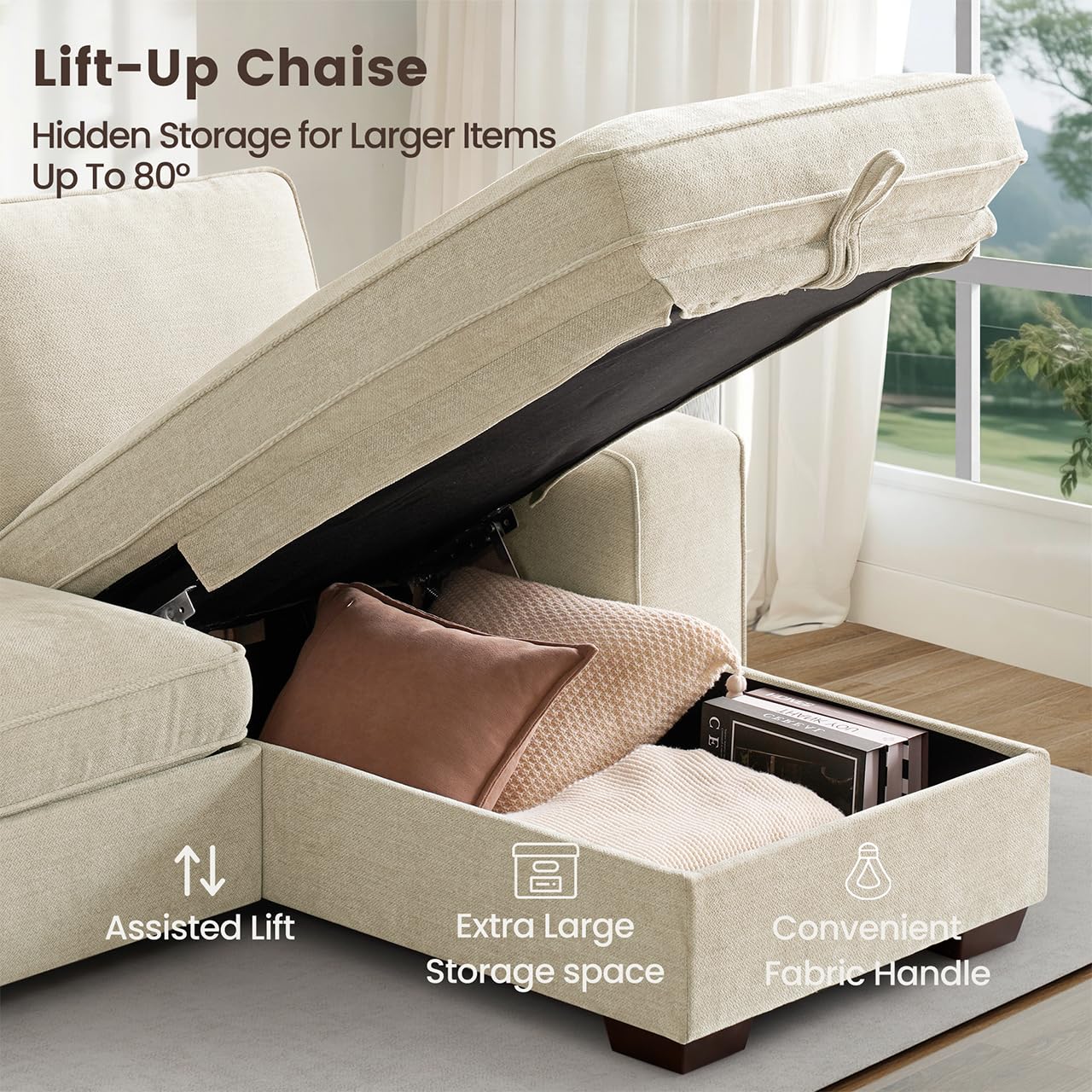 DUANDUAN Sofá seccional Convertible 250 cm con Almacenamiento en Chaise, Moderno diseño Reversible en Forma de L, cómodo Tejido de Chenilla, Fundas de Almohada Desmontables, Puertos USB Tipo C Beige