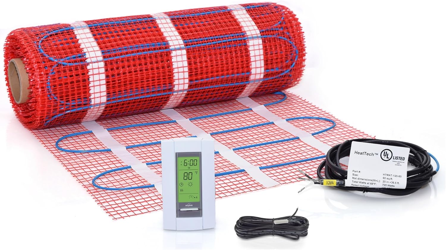 60 sqft Floor Heating Mat Kit, 120V Electric Radiant Floor Heat Heating Mat System with Adhesive Backing, Aube TH115-AF-120S Programmable Floor Sensing Thermostat w/Floor Sensor. Tile, Stone, Marble