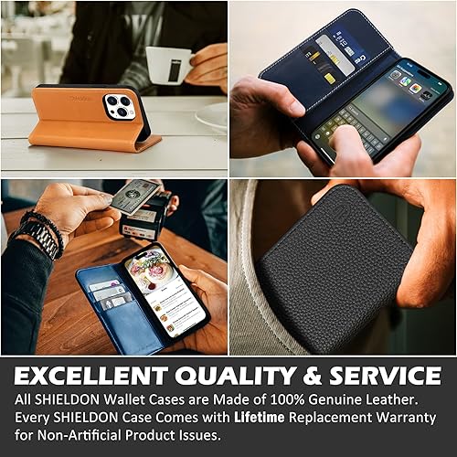 Miniatura 9 de SHIELDON Funda para iPhone 15 Pro de 6.1 pulgadas, funda de piel auténtica tipo cartera con bloqueo RFID, tarjetero magnético, función atril,