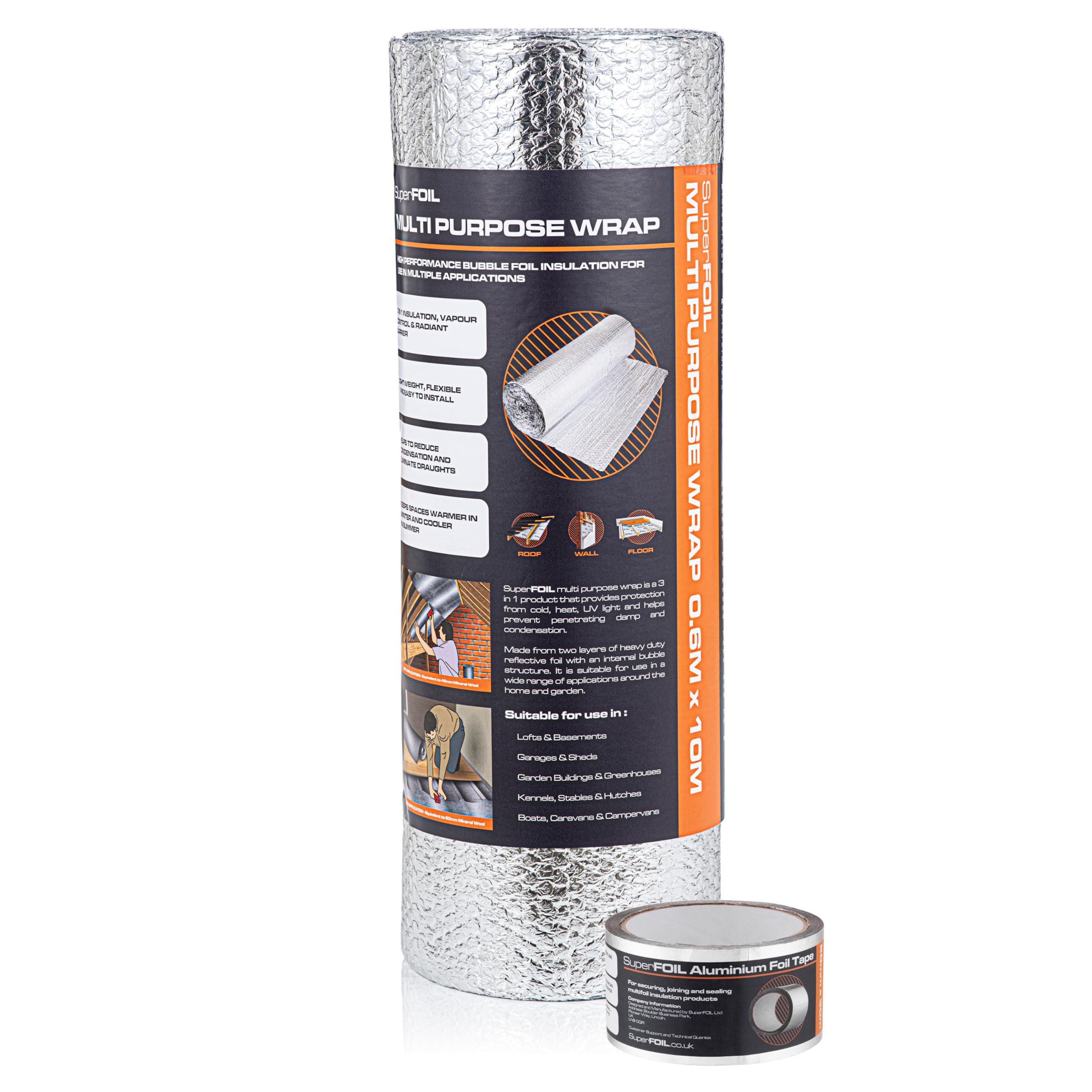 SuperFOIL Foil Insulation Roll and Aluminium Foil Tape Bubdle - 3-in-1 Sustainable Thermal Insulation Reflective Radiant Barrier & Vapour Barrier (Silver, 0.6m x 10m)