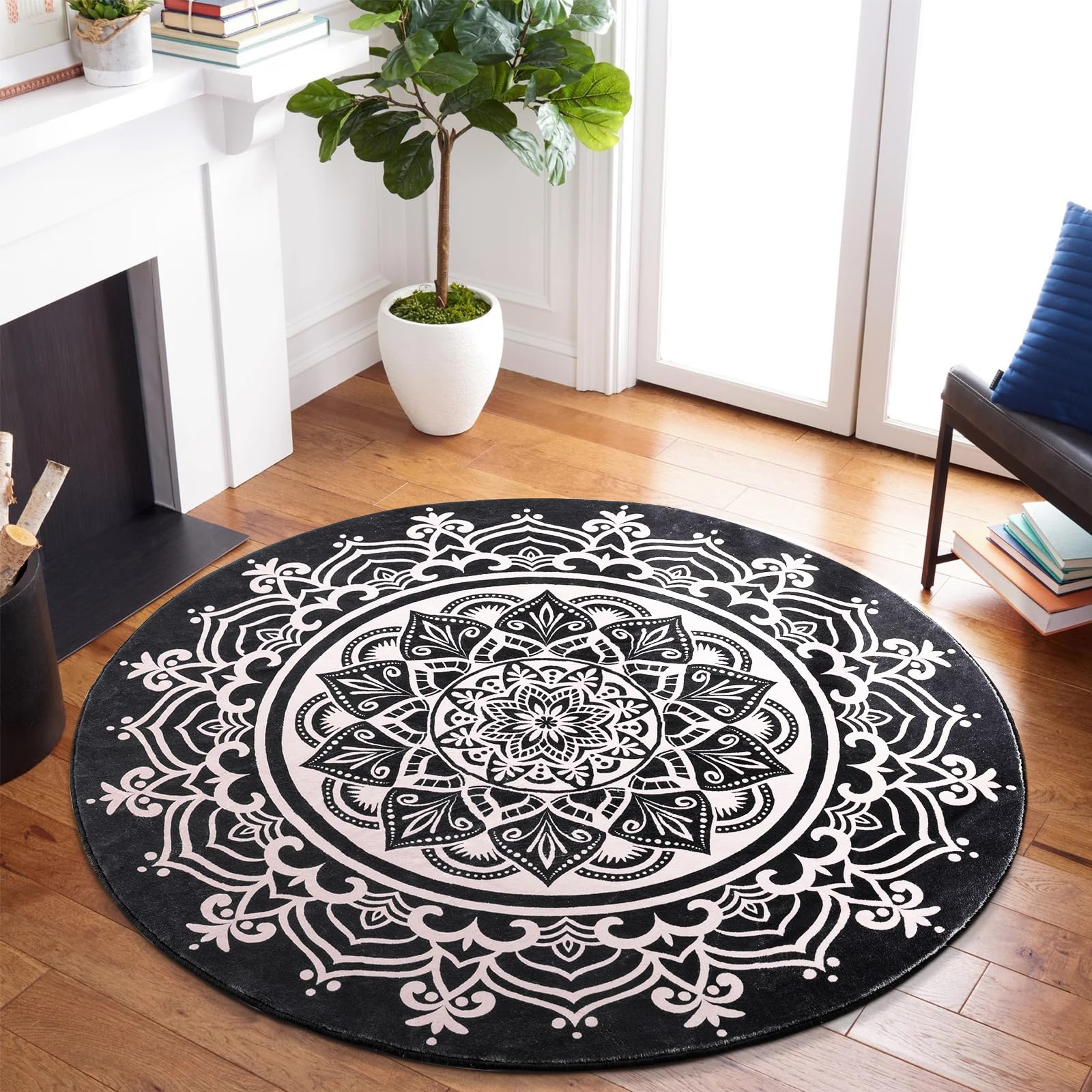 Carvapet 3' Small Round Area Rug Chic Boho Mandala Print Circle Rugs Non Slip Machine Washable Floor Mat Soft Throw Rug for Powder Room Entryway Bathroom Nursery Bedside Floor Decor Black Ivory