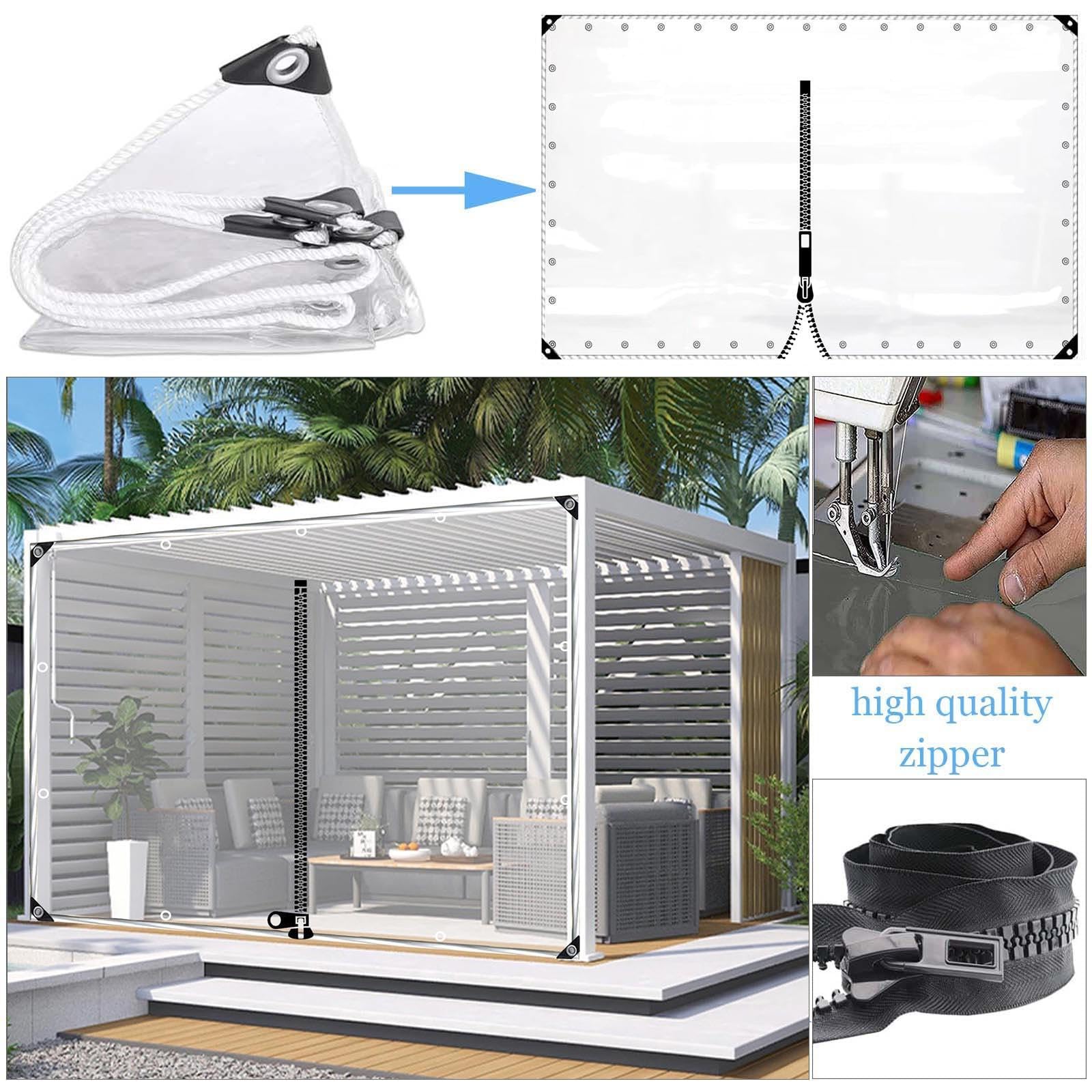 Transparente PVC-Pergola-Plane, Seitenteile mit Ösen, für den Außenbereich, Pavillon-Vorhang, 0,3 mm dick, transparent, Terrassen-Planen-Vorhänge, B x H 1 x 0,5 m