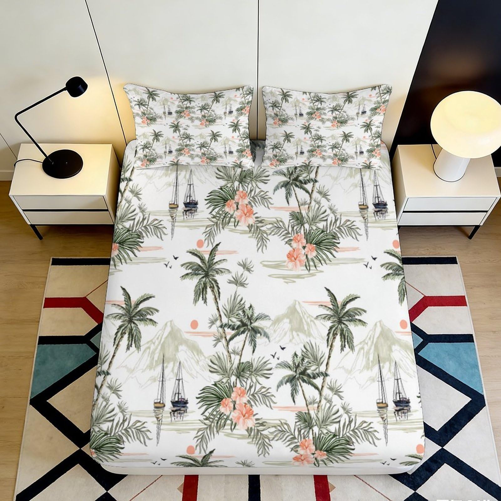 3D Printed Palm Tree Fitted Sheet Microfiber Deep Pocket Non-Slip Palm Tree Mattress Fitted Cover for Adults Teens 160x200x25cm