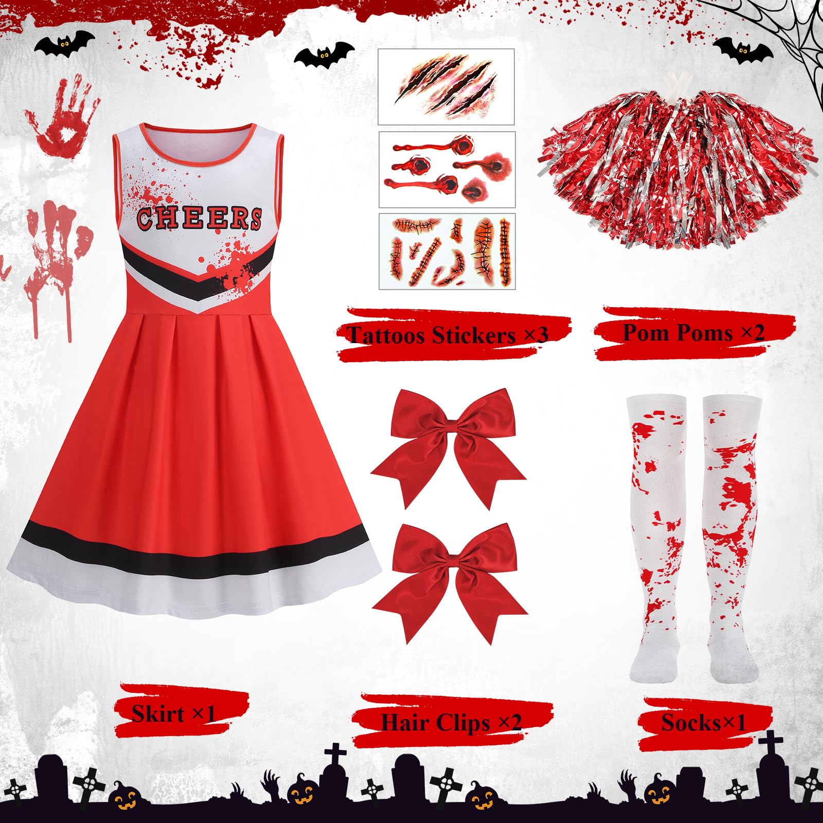 Mystery Code Vestito Halloween Bambina, Costume Zombie Cheerleader per Ragazza con Pom Poms, Calze, Tatuaggi e Capelli, Strega Costumi Halloween Diavolo Bambina Feste e Cosplay per 7-12 Anni Bambini