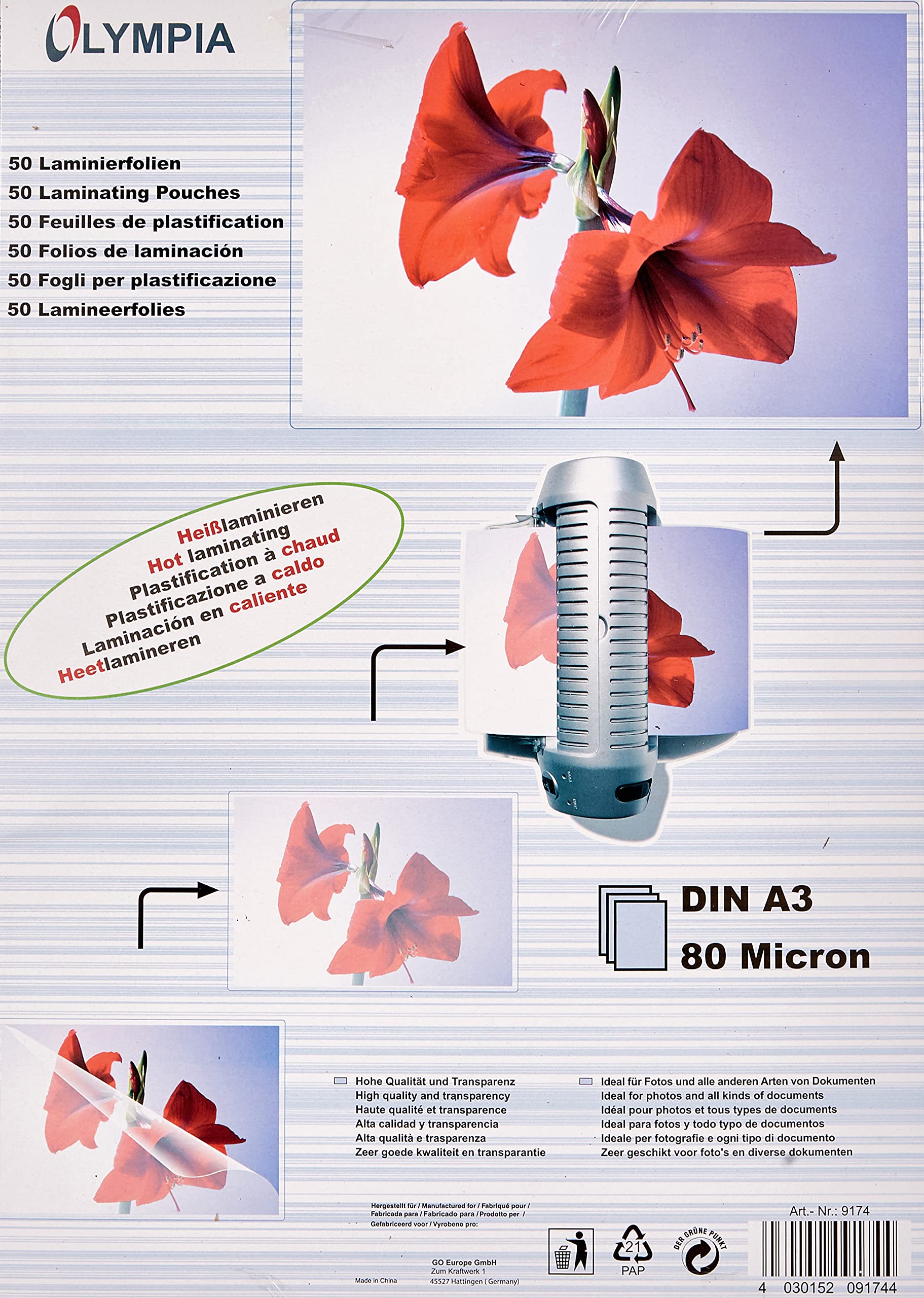 Olympia A 3048 Laminiergerät DIN A3 schnell (Frontloader - Rücklauffunktion - Heiß- und Kaltlaminieren), Laminiermaschine mit 4 Rollen & Laminierfolien DIN A3, 80 Mikron, glänzend, 50 Stück, 9174