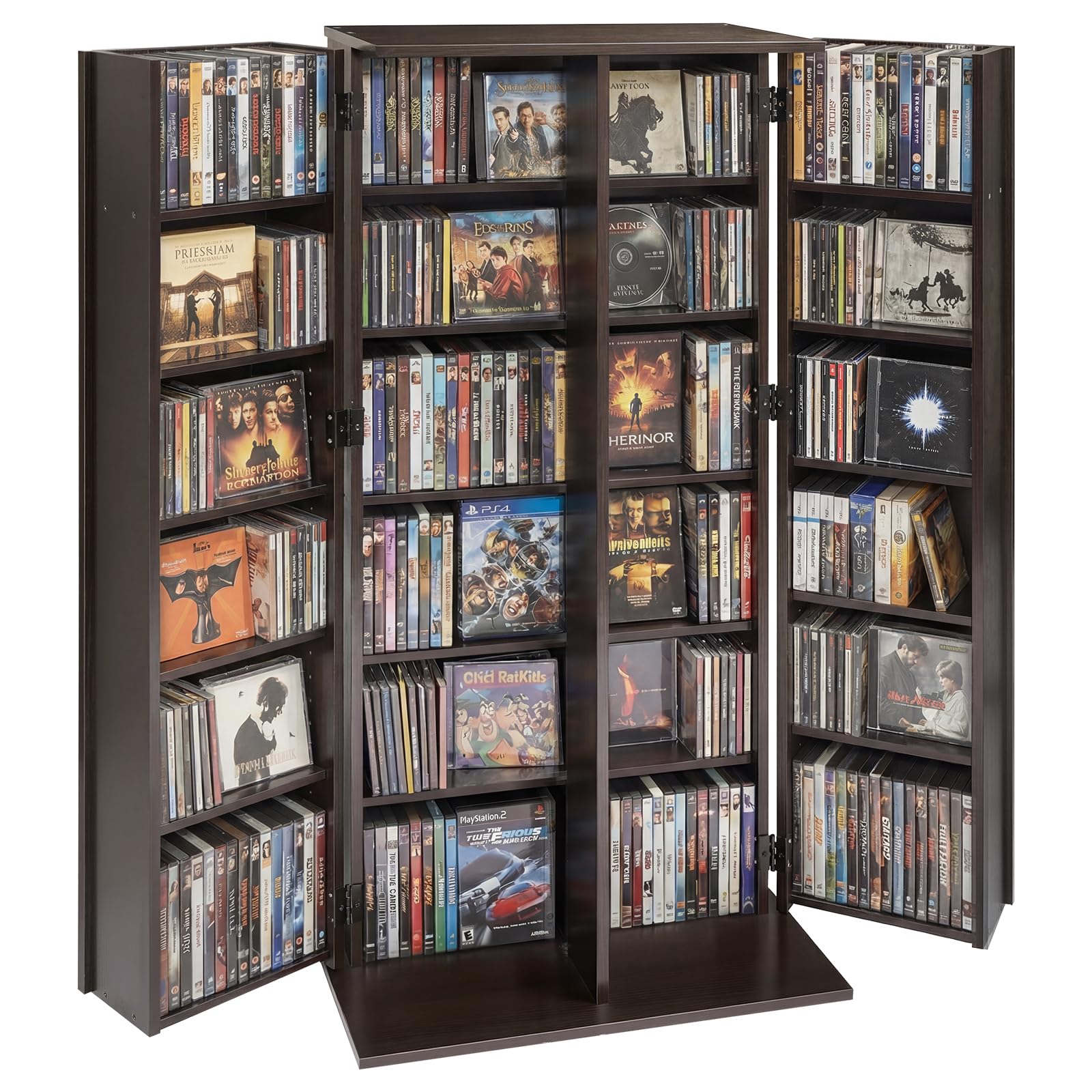 VEVOR Bibliothèque Étagère, Meuble de Rangement Multimédia à 6 Niveaux, Armoire Biblio pour CD, DVD, Livres, Jeux, avec Portes et Étagères Réglables pour Bureau, Studio, Salon, 610x368x1270 mm, Marron