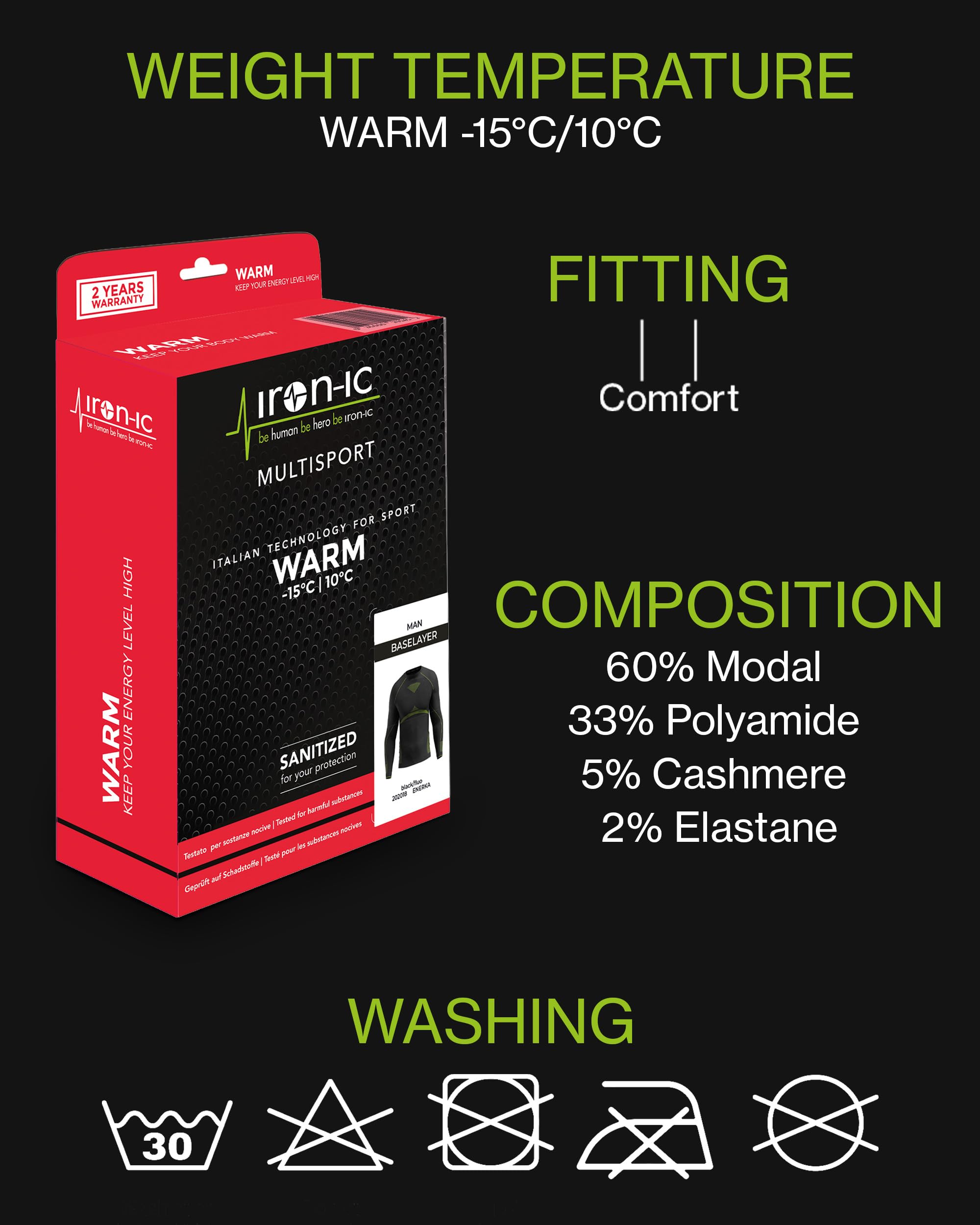 Iron-Ic - T-Shirt Uomo Maniche Lunghe Thermo Cashmere Seamless con Fitting Comfort e Struttura Traspirante per Sport Outdoor Invernali - Art. 202002