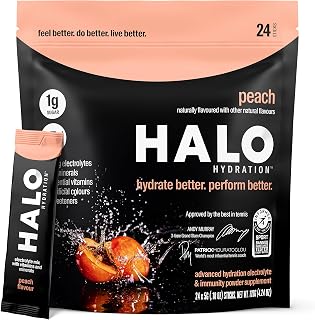 Halo Hydration Peach - Electrolyte Drink Powder Sachets - Dietary Supplement, Rich in Vitamin C & Zinc, Complete Hydration - Keto, Vegan & Low Calorie - 24 x Sachets