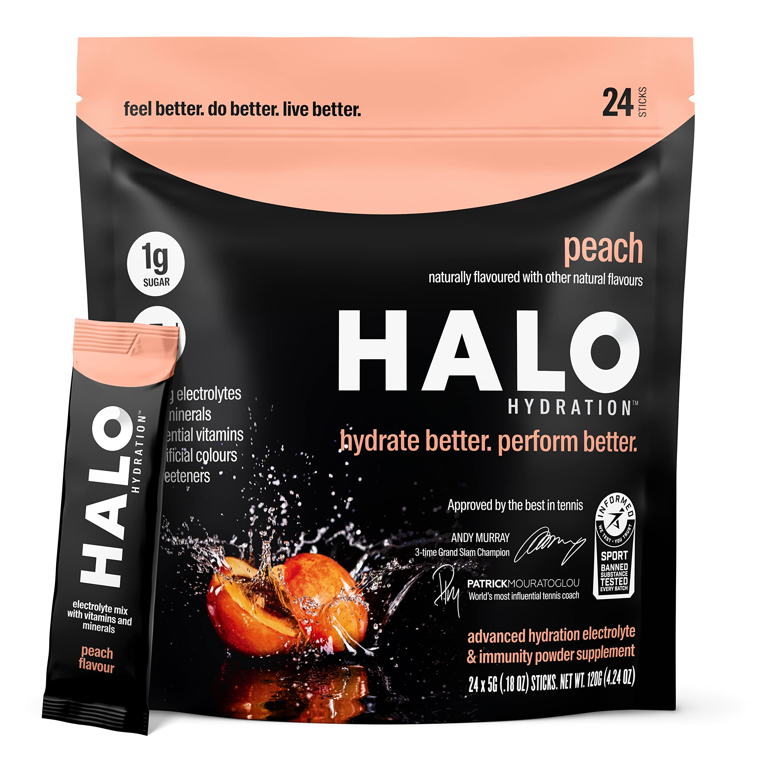 Halo Hydration - Electrolyte Drink Mix | Hydration Powder Packets | Peach Flavour – for Sports and Cycling | Easy Open Single Serving Stick | 24 Sachets