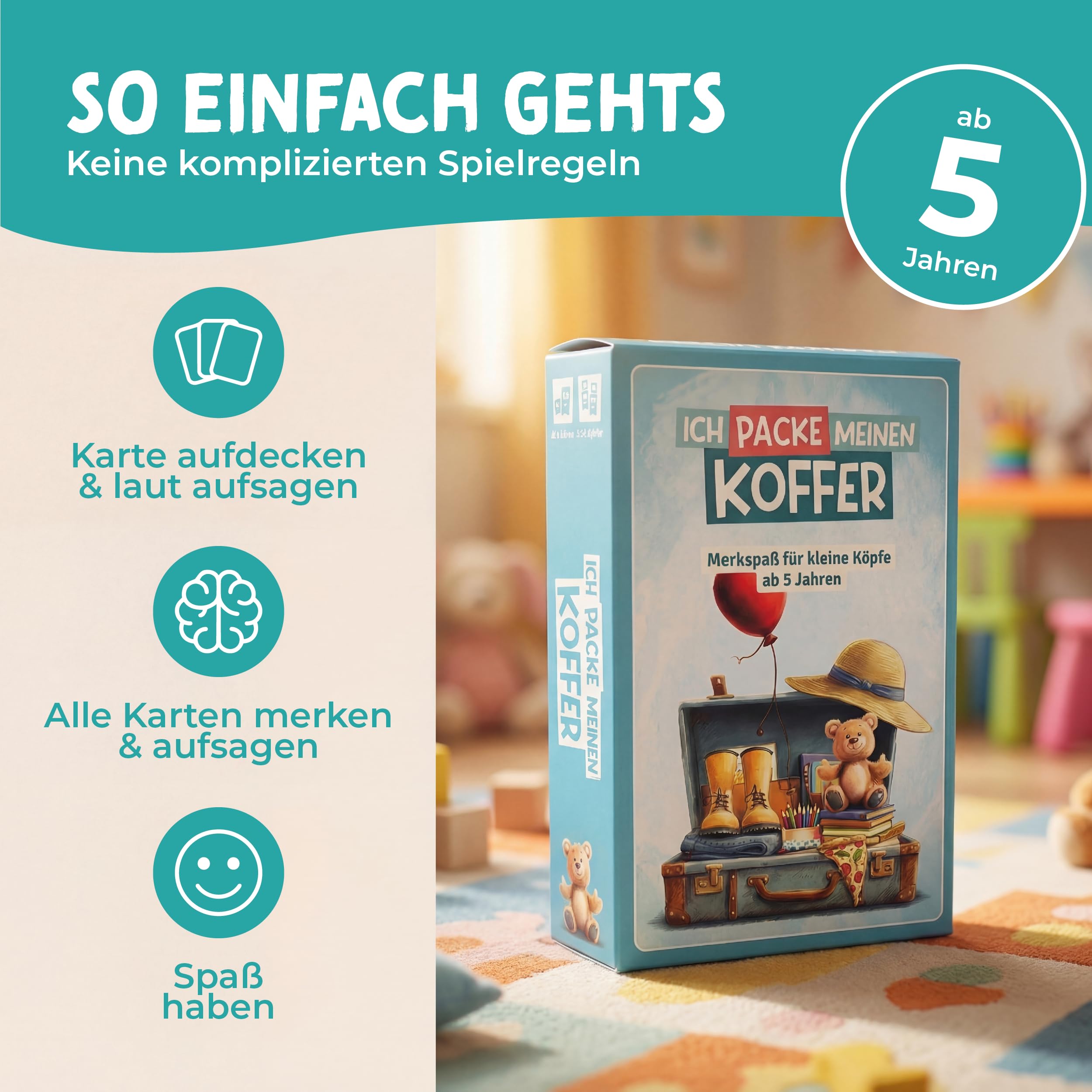 Ich packe meinen Koffer | Reise- & Ratespiel | Geschenk für Kinder ab 4 J. | Kompaktes Kartenspiel ab 4 Jahren: Tolles Mitbringsel & ideale Geschenkidee für jeden Kindergeburtstag.