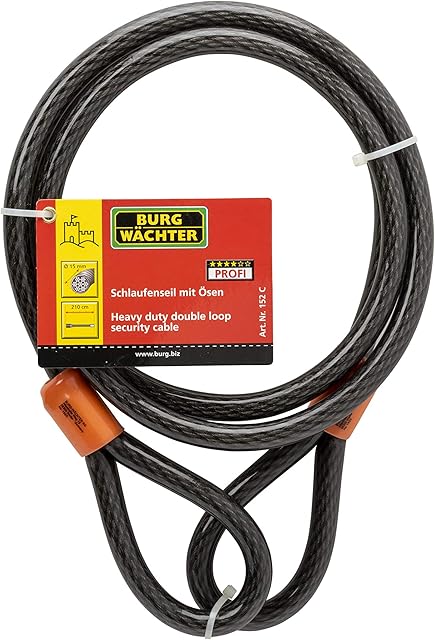 Burg-Wachter Sterling 152C 12mm x 2.1m Double Loop Vinyl Coated Multi-Stranded Braided Steel Cable with Self Coiling-Black, 15mm