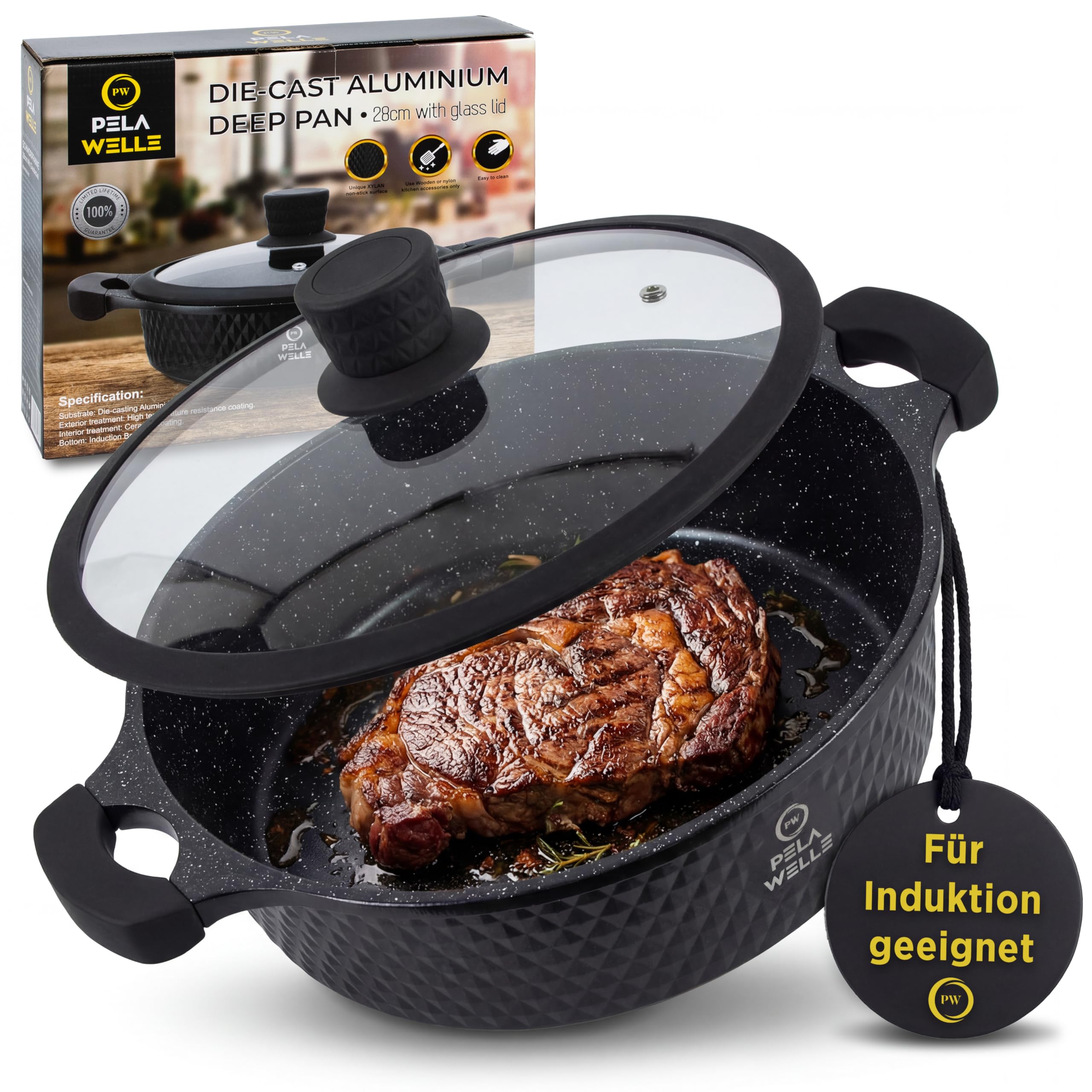 Pela Welle® Bratpfanne 28 cm | beschichtete Pfanne Induktion | Schmorpfanne 28 cm hoher Rand | frying pan induction | Keramikpfanne | Schmorpfanne mit Deckel | Brat- & Universalpfanne | Schwarz