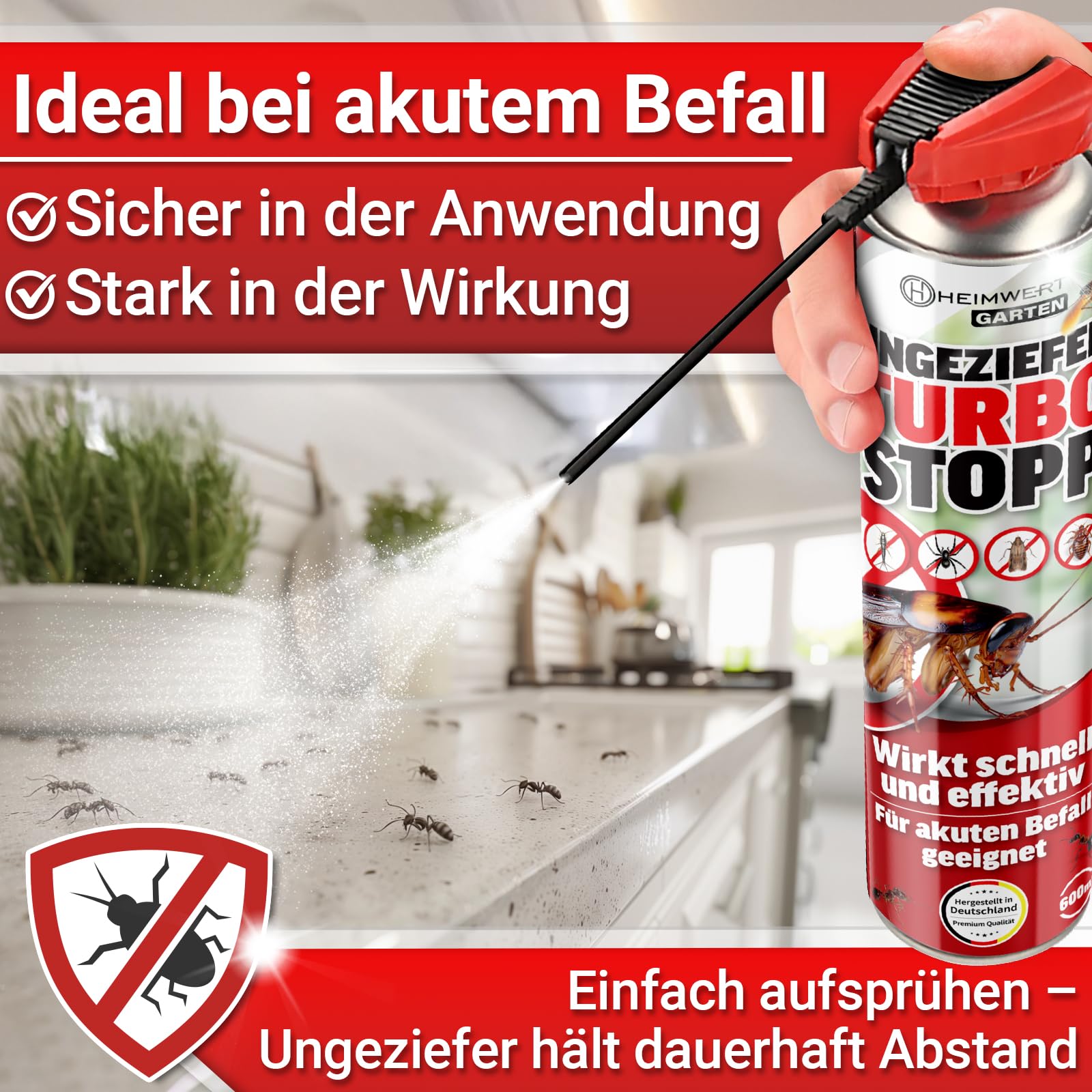 HEIMWERT Insektenspray Akut gegen Ungeziefer – Sofortige Wirkung mit Langzeitschutz gegen Ameisen, Mücken, Fliegen, Silberfische, Spinnen uvam - Spray Mittel für Wohnung + Garten 600 ml (2x600ml)