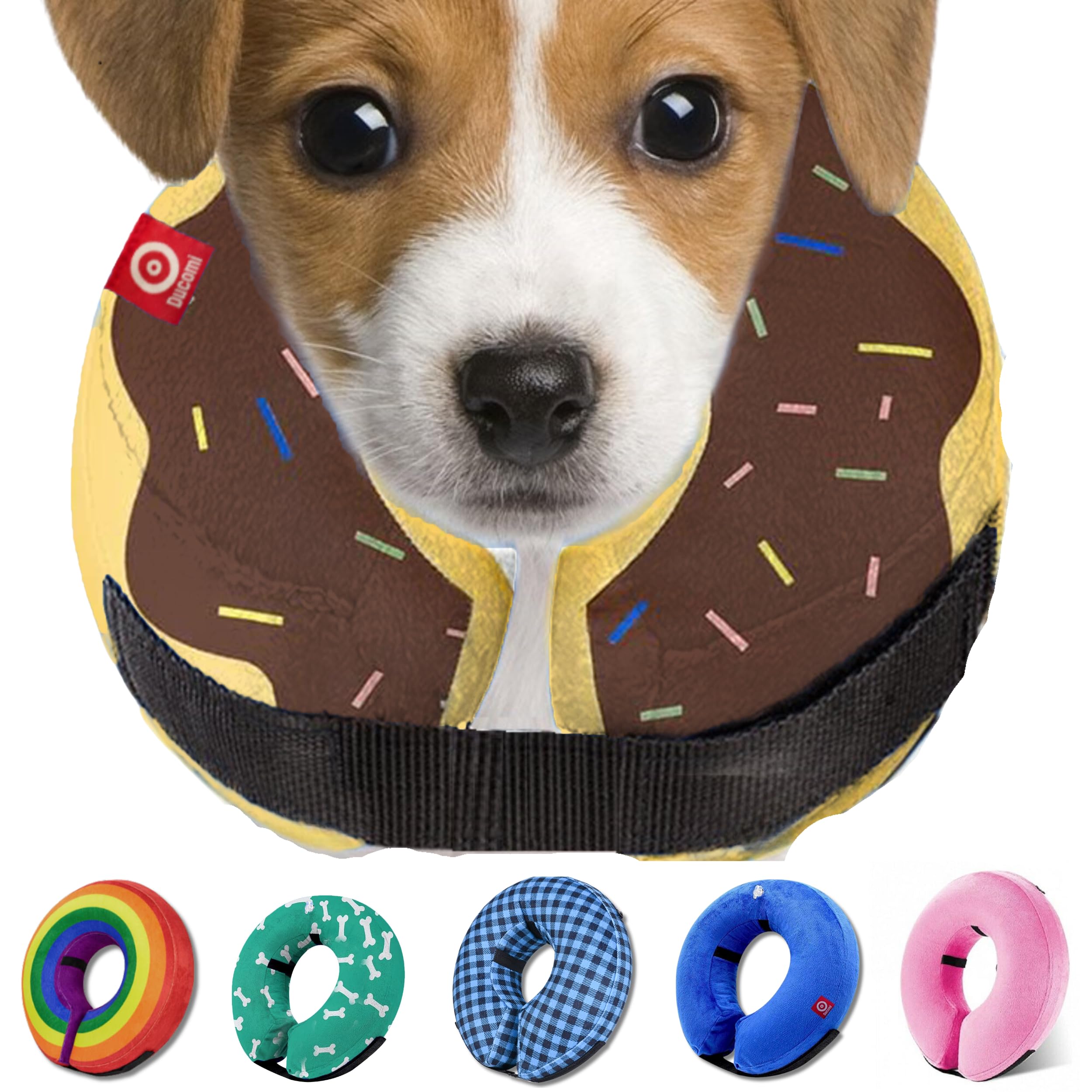 Ducomi Collar de Recuperación Inflable para Perros, Cono de Cuello Isabelino Ajustable para Mascotas Recuperación Cirugía o Heridas - Previene Infección por Arañazos y Picaduras (Rosquilla Marrón, M)