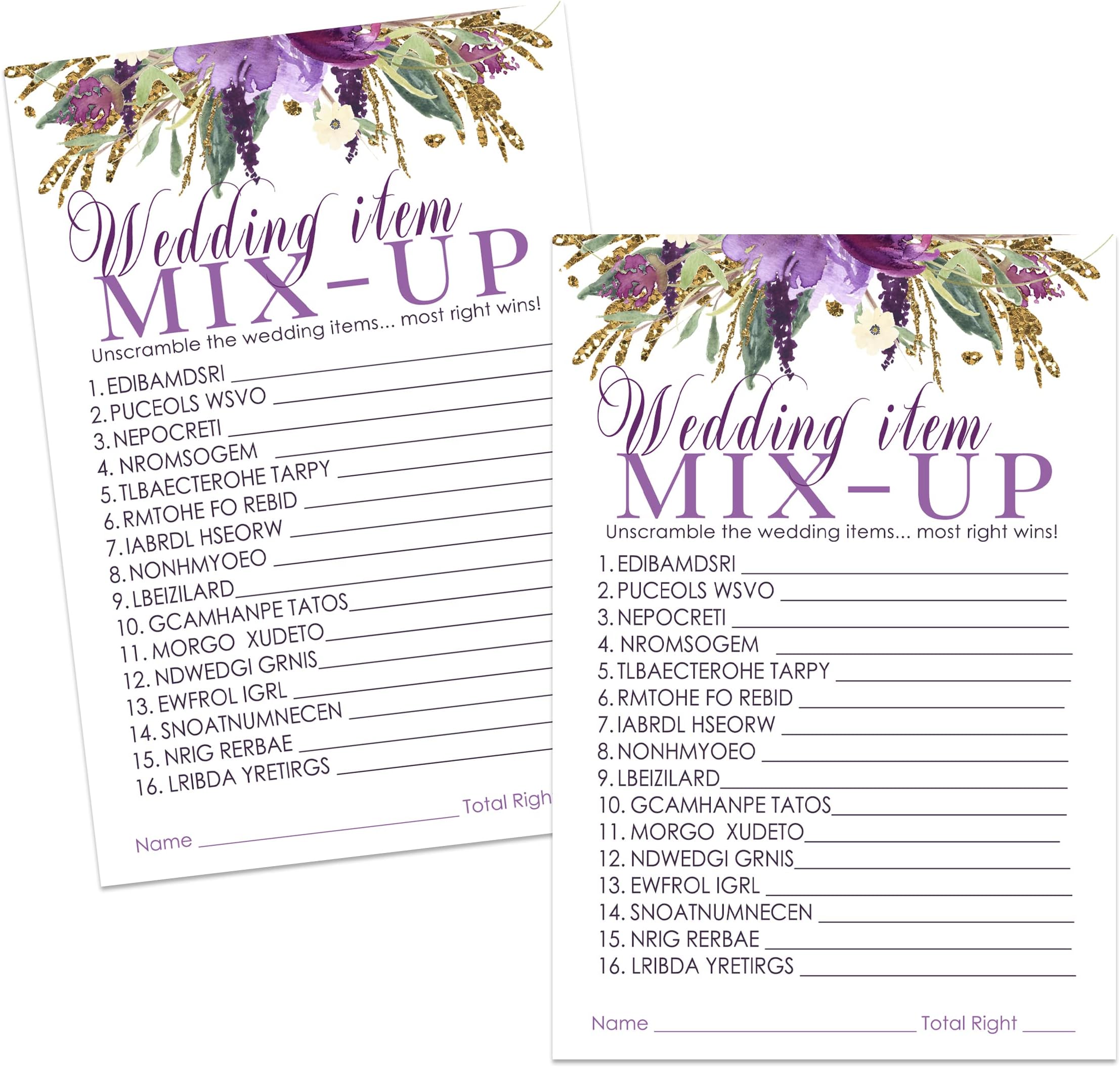 Paper Clever PartyPurple Floral Bridal Shower Games - 25 Cards - Wedding Word Scramble Game Fun Guess Activity for Guests Engagement Party, Rehearsal Dinner, Rustic