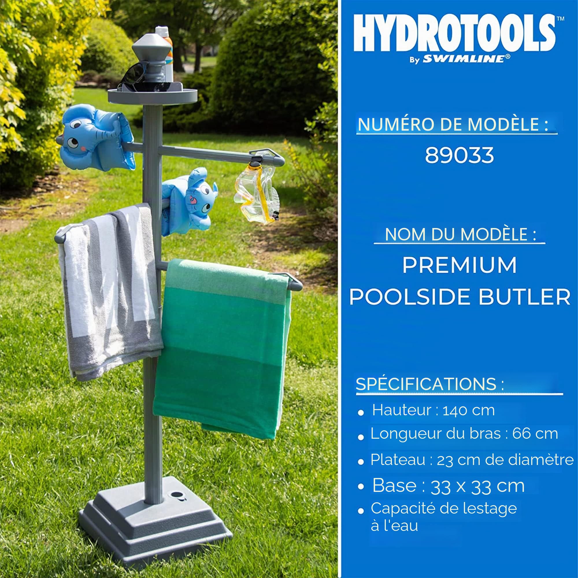 Swimline HYDROTOOLS 89033 Porte-Serviettes réglable de qualité supérieure avec Base lestée à l'eau, Trois Bras Clips sécurisés pour extérieur et intérieur, Piscine, terrasse, Piscine