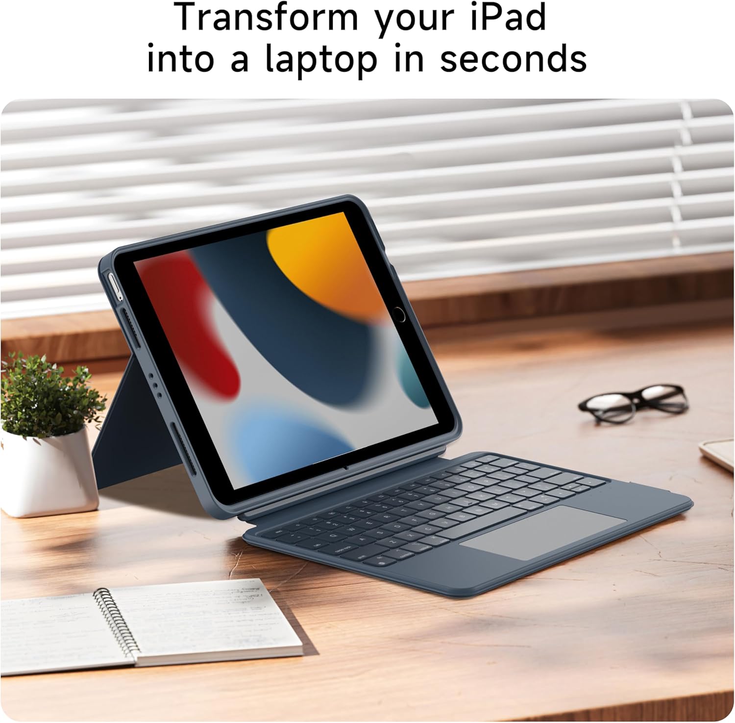 HOU Combo Keyboard Case for iPad 9th Generation (10.2", 2021)/8th Gen/7th Gen/iPad Air 3/Pro 10.5 Multi-Touch Trackpad,7 Color Backlight,Rotatable & Detachable,Portrait/Landscape Modes,Navy Blue - Image 8