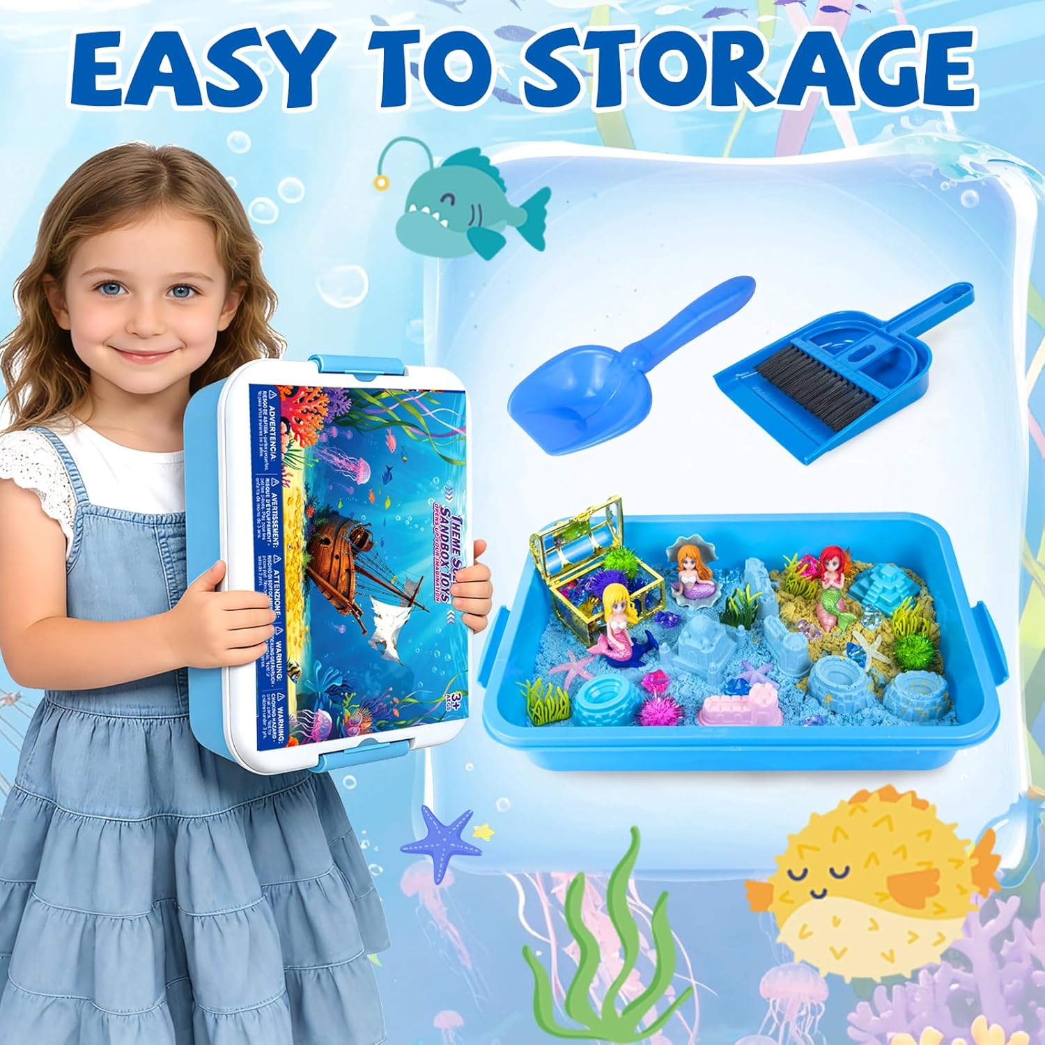 YongnKids Mermaid Sensory Bin Sandbox Toys for Toddlers Girls Kids- Mermaid Toys for Kids Play Sand Kit Sensory Bin Toy with Sand & Castle Mold,Great Christmas Birthday Gift for Girl Boys