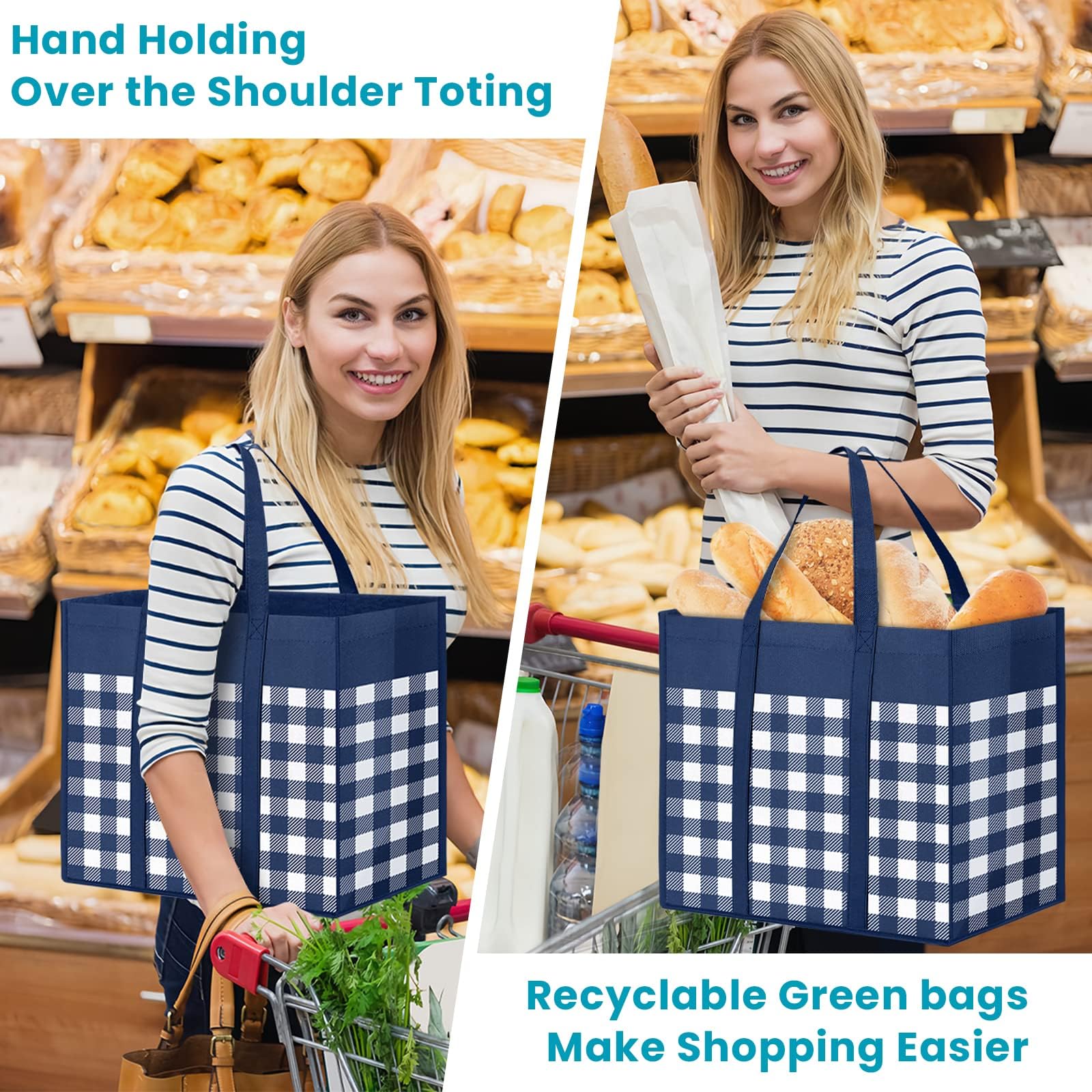 WOWBOX Bolsas de comestibles reutilizables, bolsas de compras plegables y reutilizables, bolsas de almacenamiento a granel para comestibles