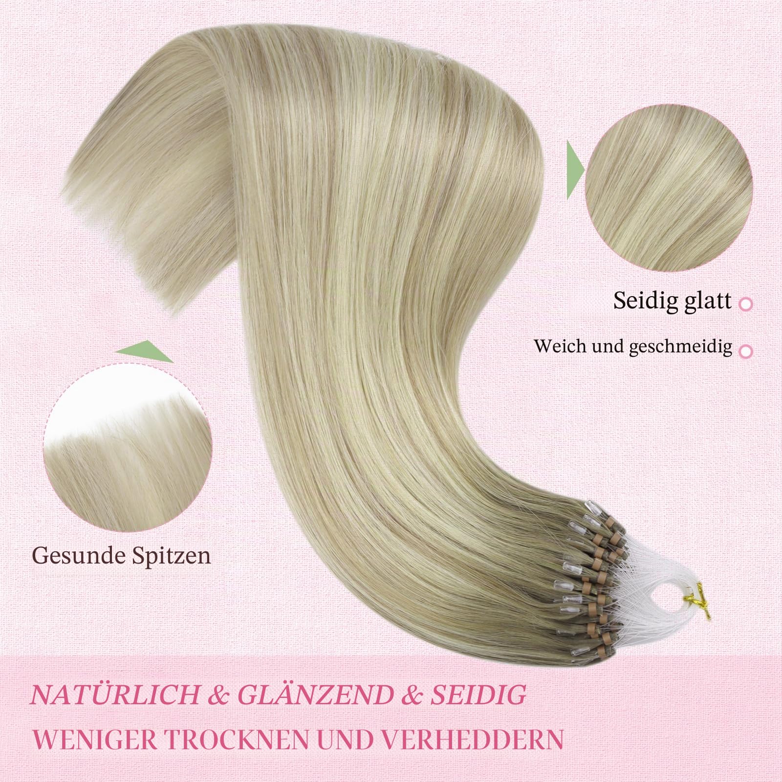 YoungSee Microring Extensions Echthaar Ombre 55cm Microring Hair Extensions 1g/s Micro Loop Extensions Echthaar Aschblond mit Platinblond Micro Beads Hair Extensions für Frauen 50g 18/60A/60