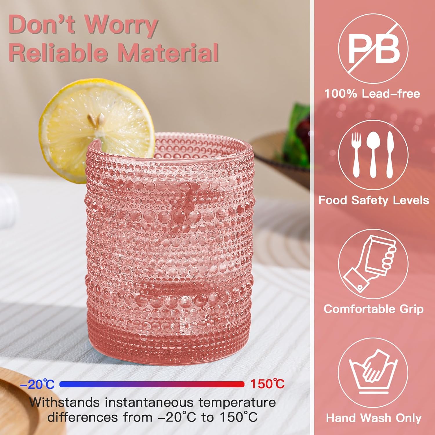 Pink Vintage Hobnail Drinking Glasses Set of 6, Embossed Water Tumbler 12oz, Kitchen & Bar Beaded Glass Cups, Beverage Glass Cups for Water, Beer, Juice, New Year gifts - Image 3