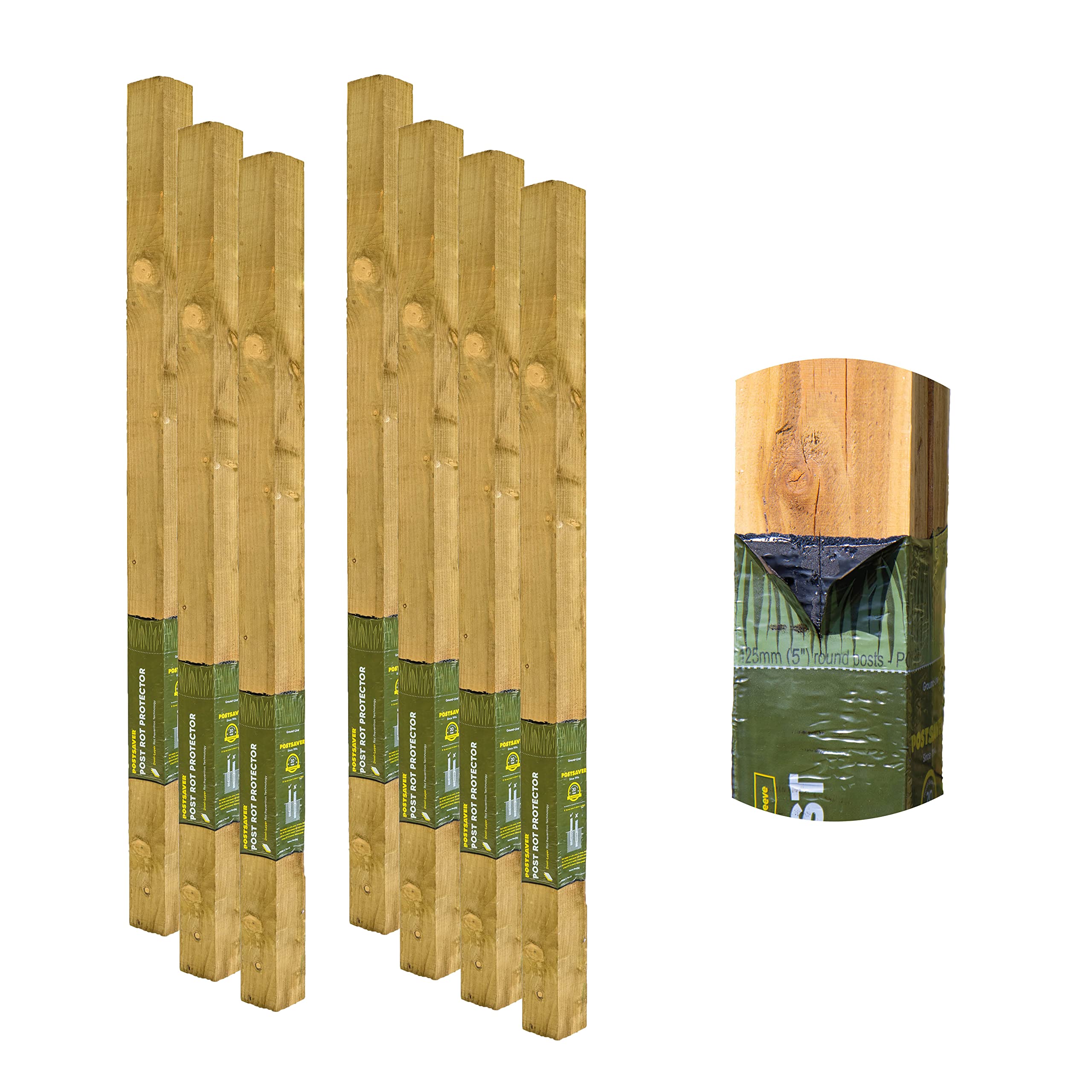 Postsaver Rot Protected Wood Fence Post 3x3" | Pressure-Treated Timber Post for Gardening | Decay-Protected with Postsaver Dual-Layer Rot Protector | 20-Year Guarantee | Pack of 7 | 6 Ft. Long