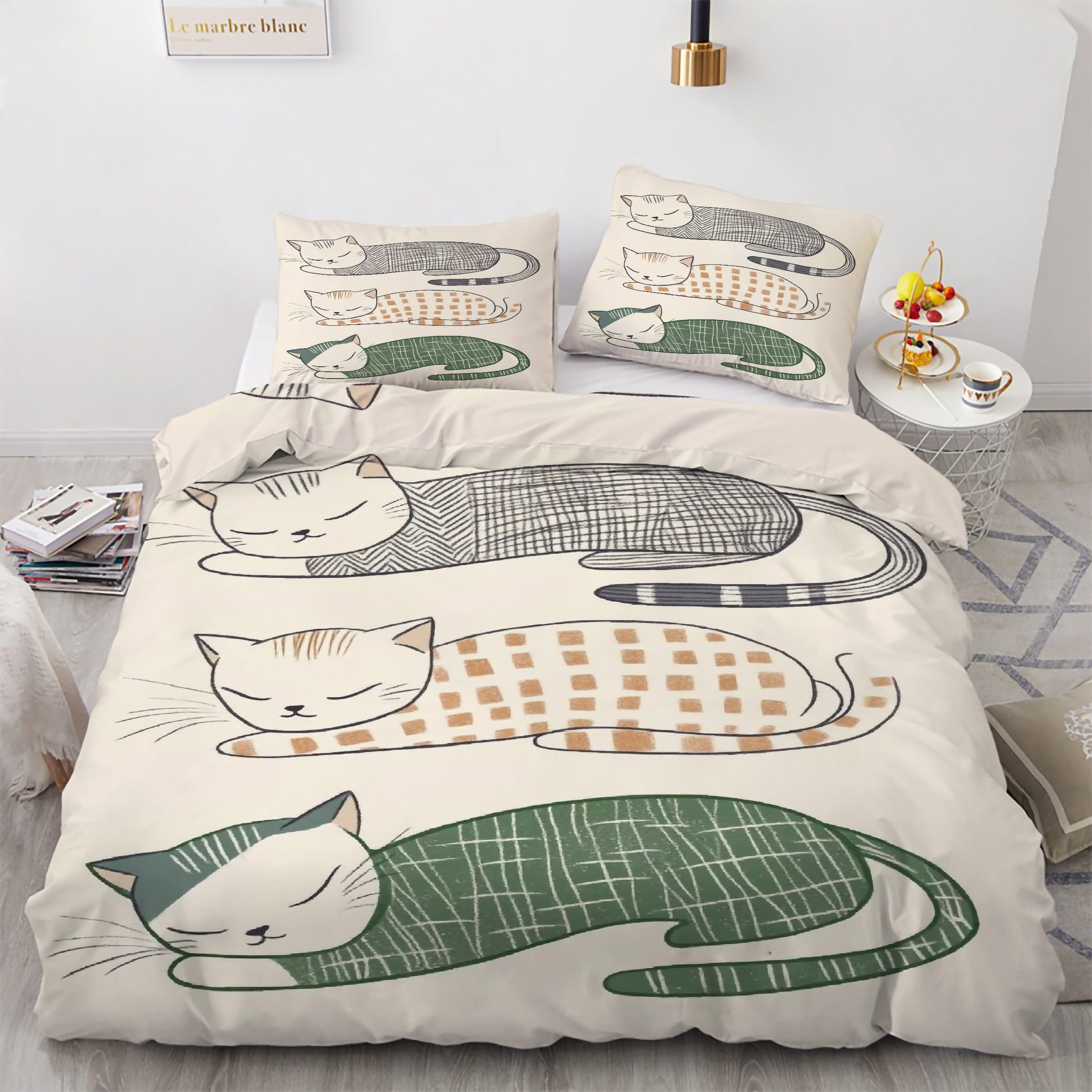 Housse de couette 200x200 dessin de chat parure de lit 3 pièces microfibre douce avec zip