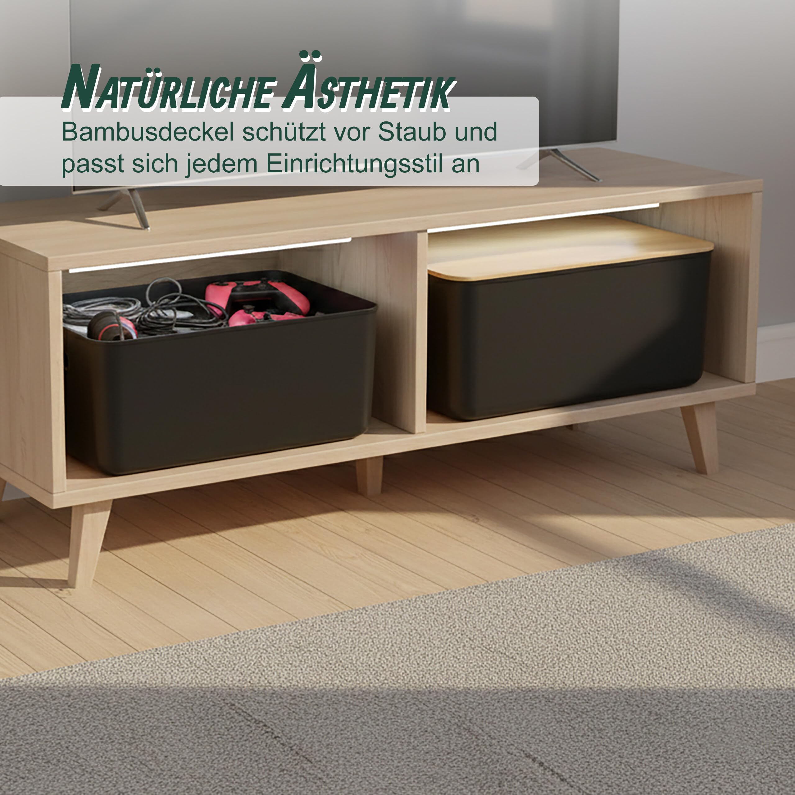 Relaxdays Aufbewahrungsbox, 2er Set, mit Deckel, Kunststoff & Bambus, mit Griffen, Organizer, HBT: 16x36x25 cm, schwarz - 4