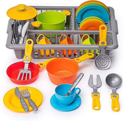 Platos de juego para la cocina de los niños Juego de platos de cocina de juego de simulación con escurridor Kit de platos de juguete Juego de