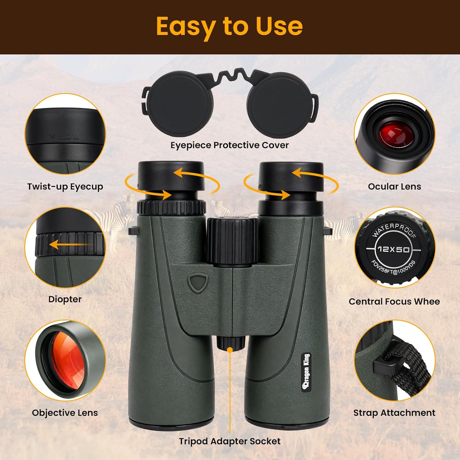 BIBIRE 12x50 Binoculars for Adults, HD Roof Prism Compact Binoculars Large Eyepiece Waterproof Binocular for Cruise Bird Watching Hunting - Image 2