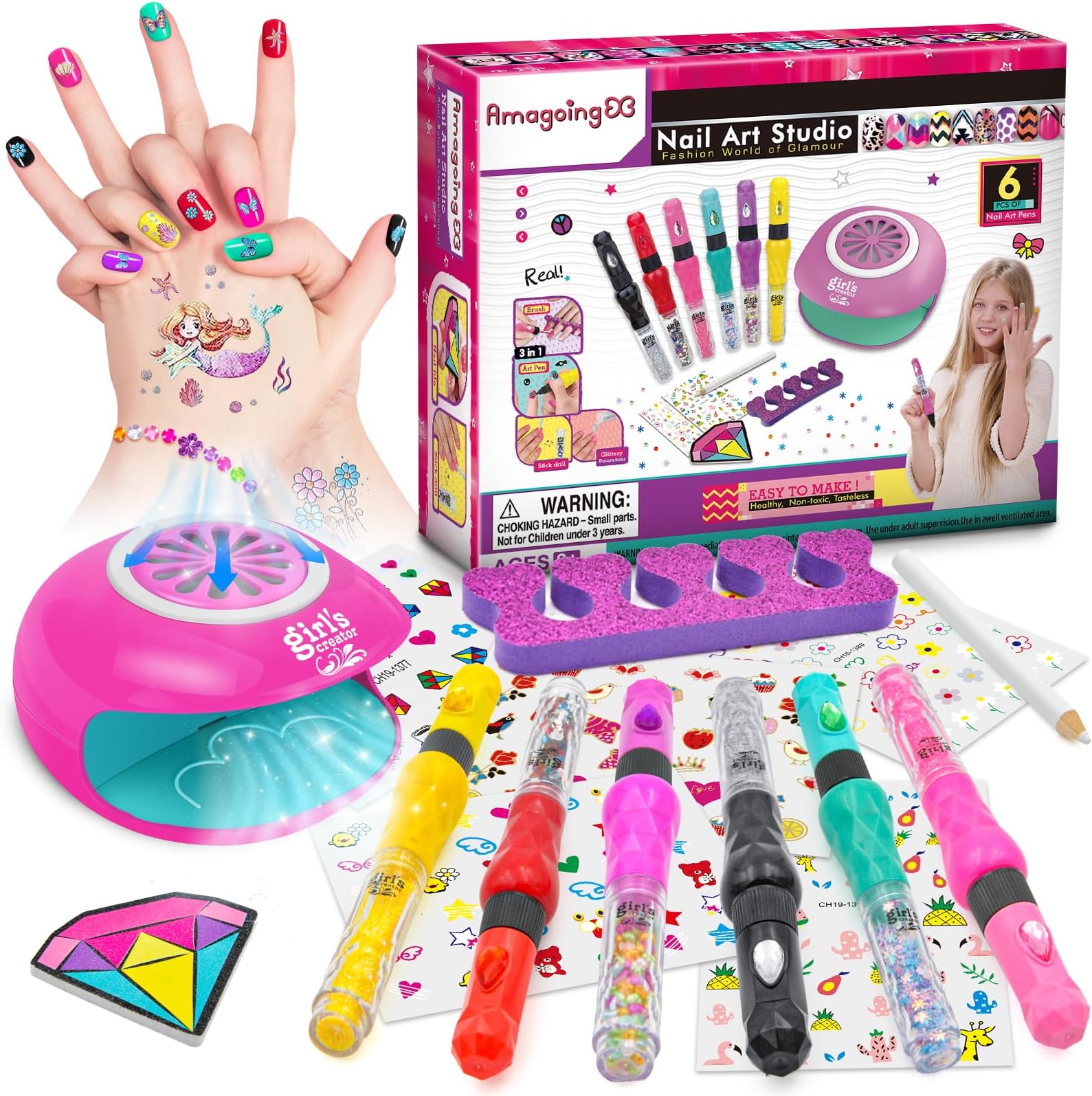 Amagoing Nail Art Studio for Girls, Nail Polish Kit for Kids Age 6-12 Year Old, 2 in 1 Nail Polish, Nail Dryer, Fashion Nail Decals, Glitter, Decoration Supplies, Makeup Gift for Birthday, Girly Spa