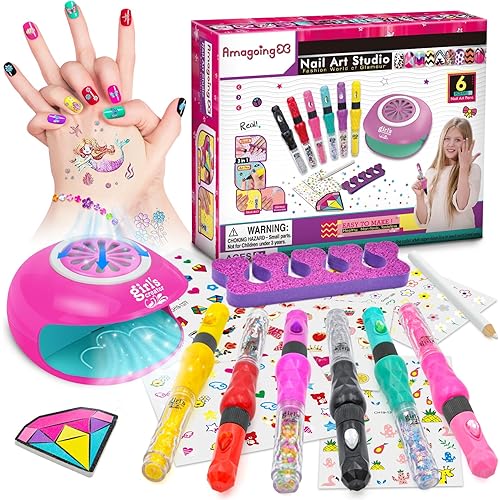 Amagoing Nail Art Studio for Girls, Nail Polish Kit for Kids Age 6-12 Year Old, 2 in 1 Nail Polish, Nail Dryer, Fashion Nail Decals, Glitter, Decoration Supplies, Makeup Gift for Birthday, Girly Spa