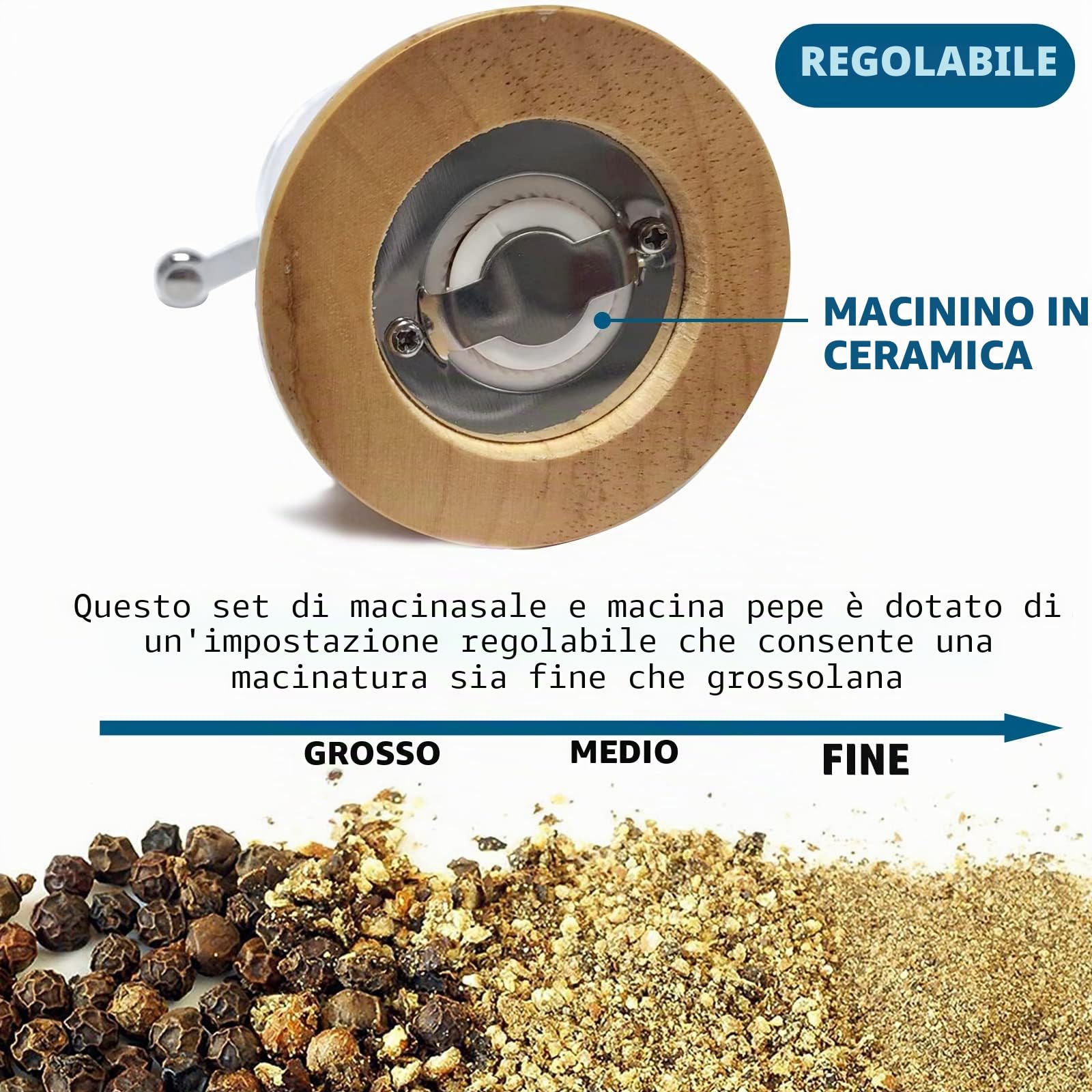 Macinapepe Manuale, Macina Pepe e Sale, Set da 1 Classico di macinapepe a mano e sale splendido, materiale EP acrilico, lame in ceramica con mulino regolabile grossolano sale & Pepper Grinder