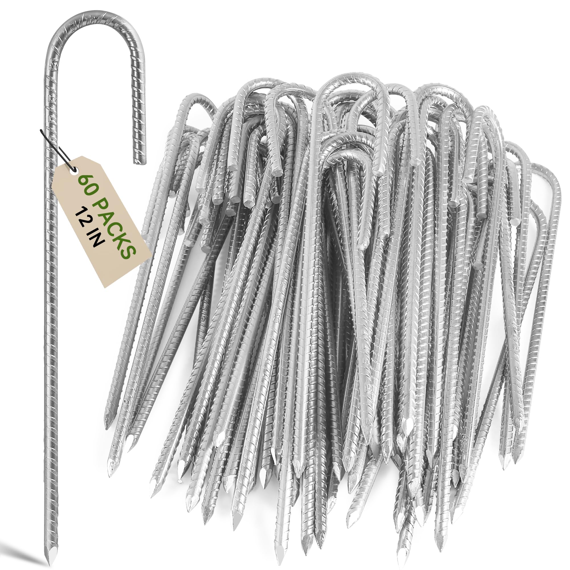 Graxury 12inch Heavy Duty Trampoline Tents Anchor Ground Pegs - Galvanized Steel Rust-Proof J Hook Rebar Stakes Fit Trampolines Camp Garden Shed Swings with Chisel Point End (60 PCS)