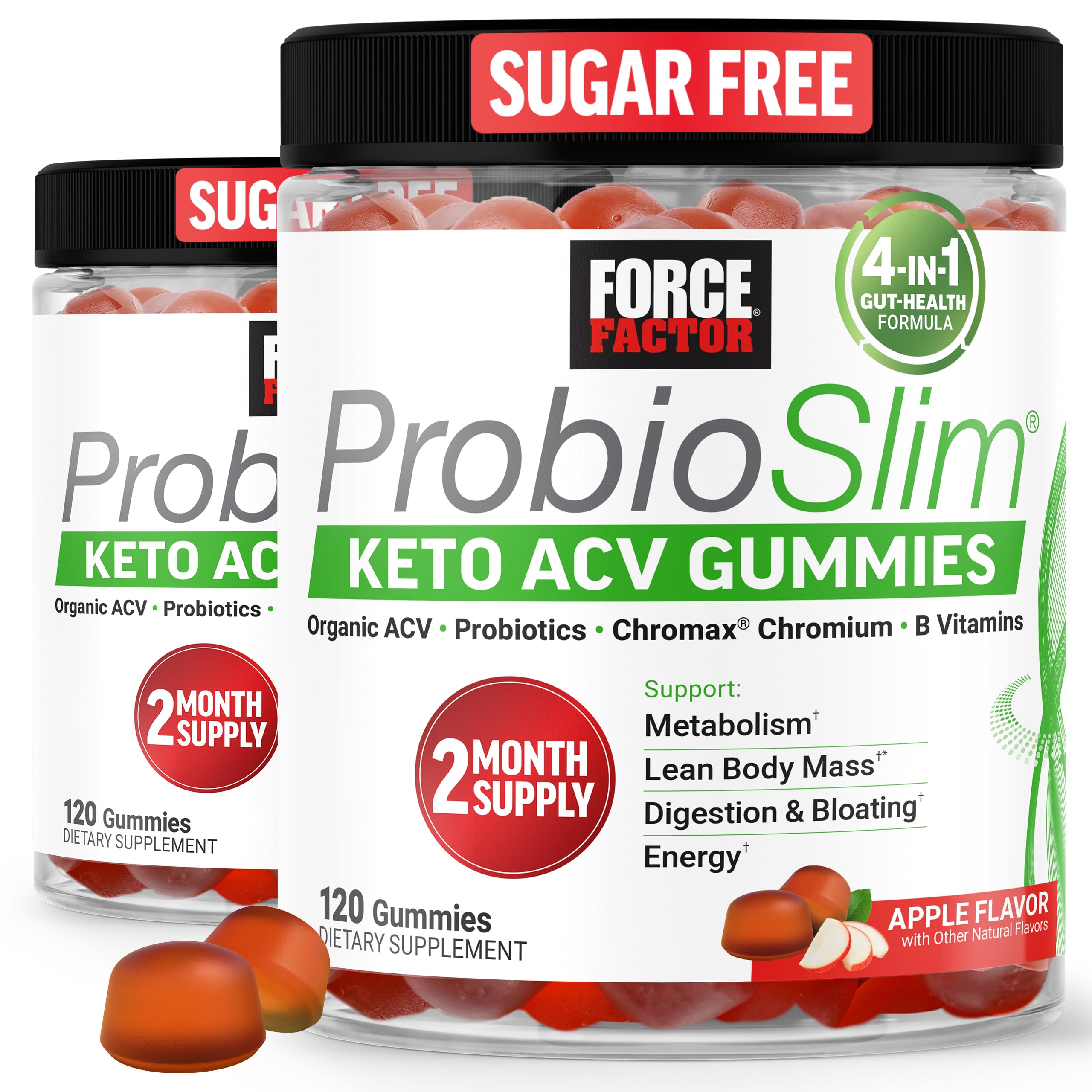 Force Factor ProbioSlim Keto ACV Gummies, Organic Apple Cider Vinegar Gummies with LactoSpore Probiotics & Prebiotics to Support Digestion, Metabolism, & Immune Health, 1 Net Carb, Apple Flavor, 240ct