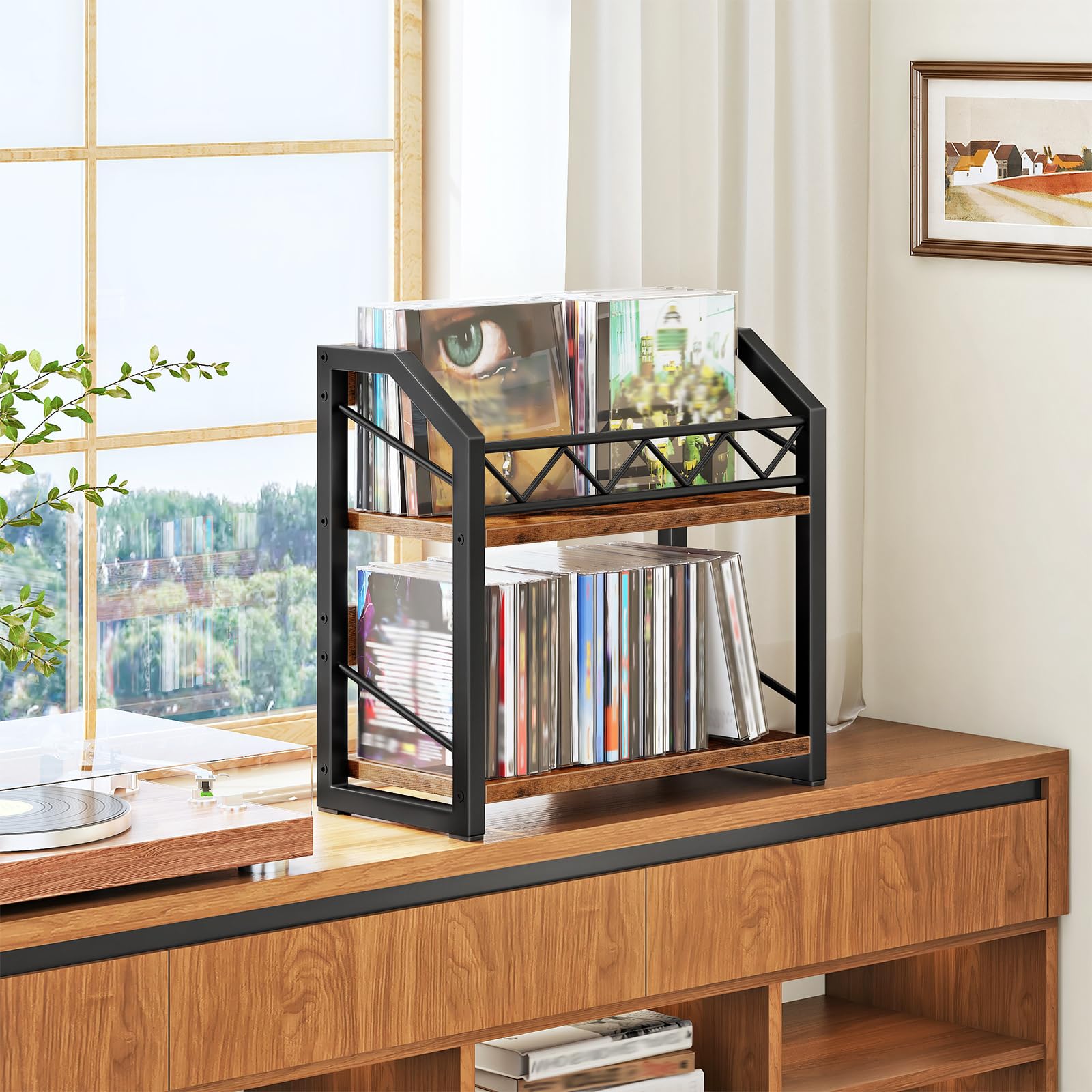 HOOBRO 2-Tier CD Storage, CD Rack with Non-Slip Feet, Holds up to 55 DVDs, CD/DVD Holder, Space-Saving Desktop Organiser, Rustic Brown and Black EBF22CJ01 — view 2