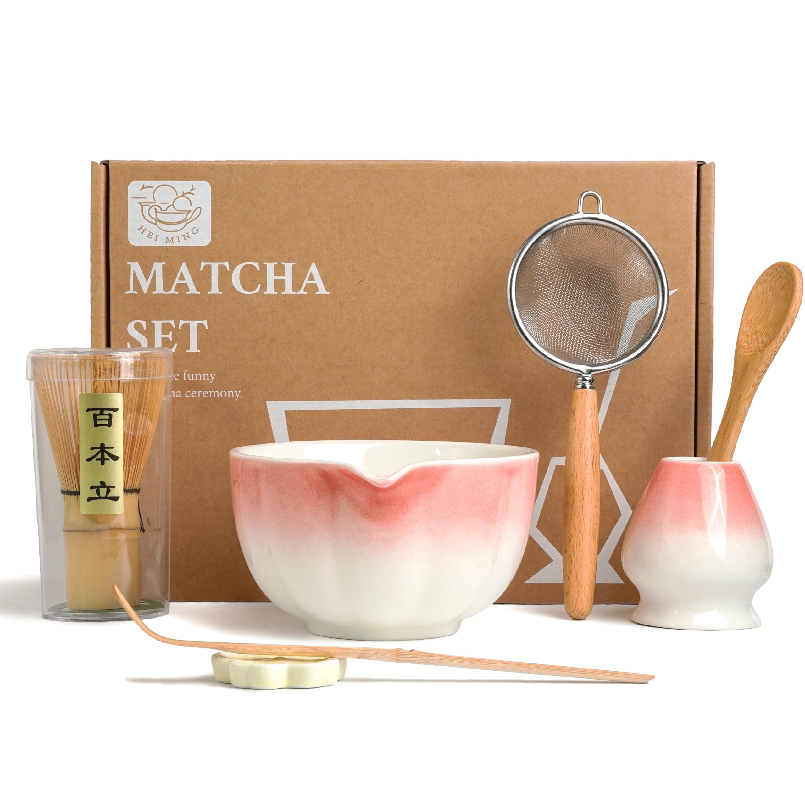 7-częściowy zestaw premium matcha – ekskluzywny zestaw do ceremonii herbaty z bambusowymi chasami (miotła), różowa miska ceramiczna, łyżka i akcesoria, oryginalny prezent do matchy