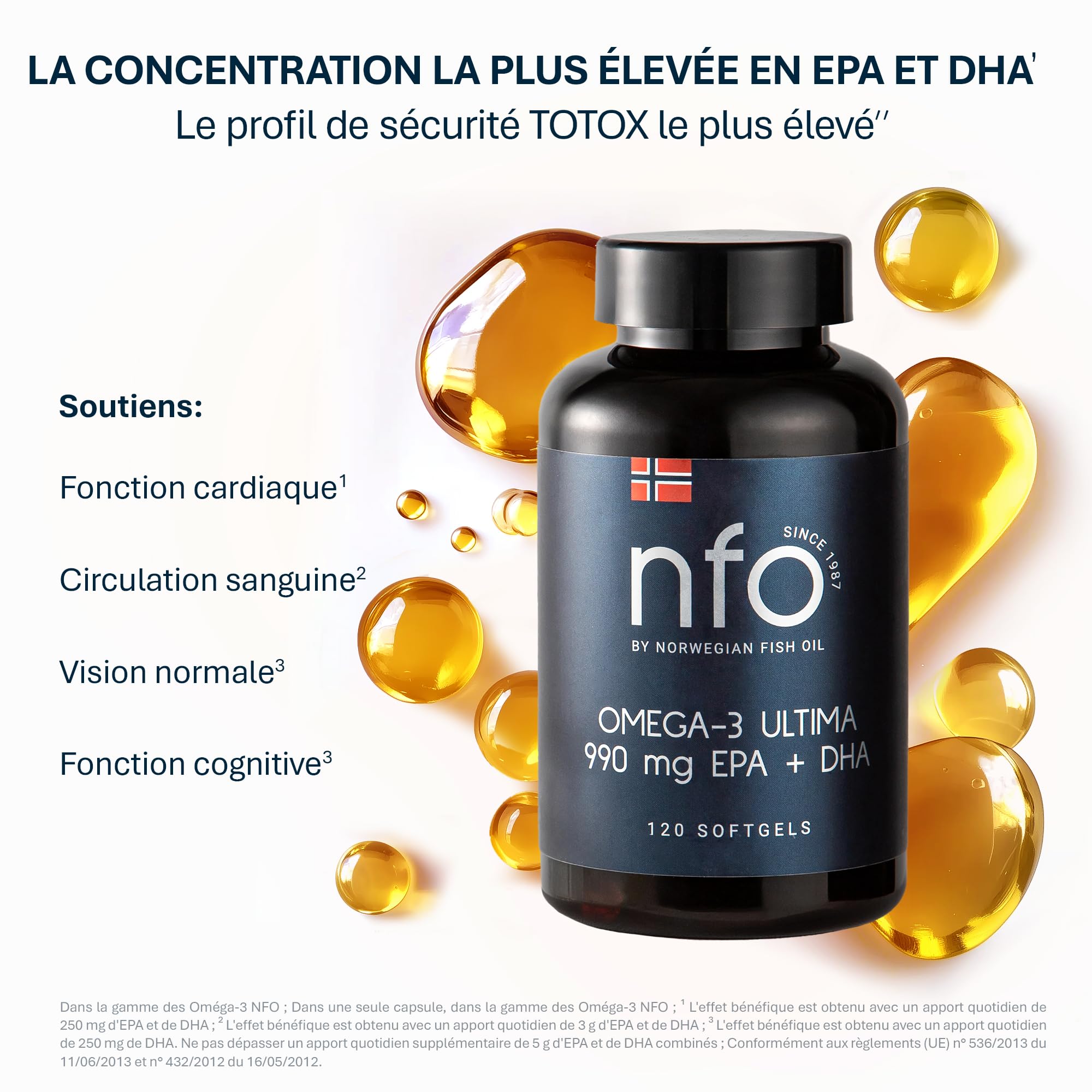 NFO OMEGA 3 ULTIMA [120 Gélules] Huile de poisson Omega 3 norvégienne à concentration maximale en Omega 3 DHA EPA en triglycérides, Avec vitamine E, Oméga 3 hautement dosés, Complexe d’acides aminés