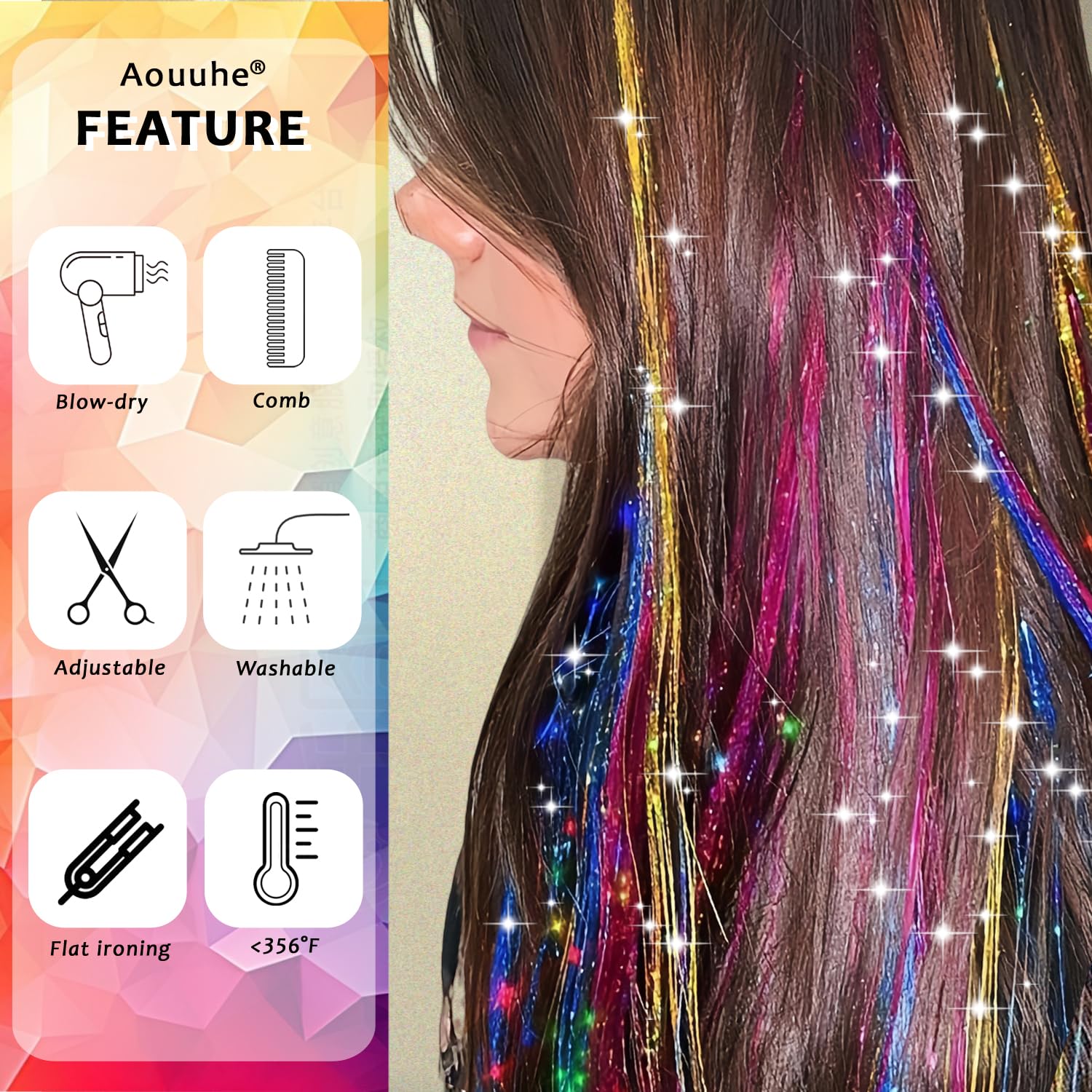 Kit de oropel para el cabello, 24 colores, 7800 hebras de cabello con herramientas, extensiones de cabello de oropel con purpurina de 48 pulgadas, kit de oropel de pelo de hada festivo, para 5