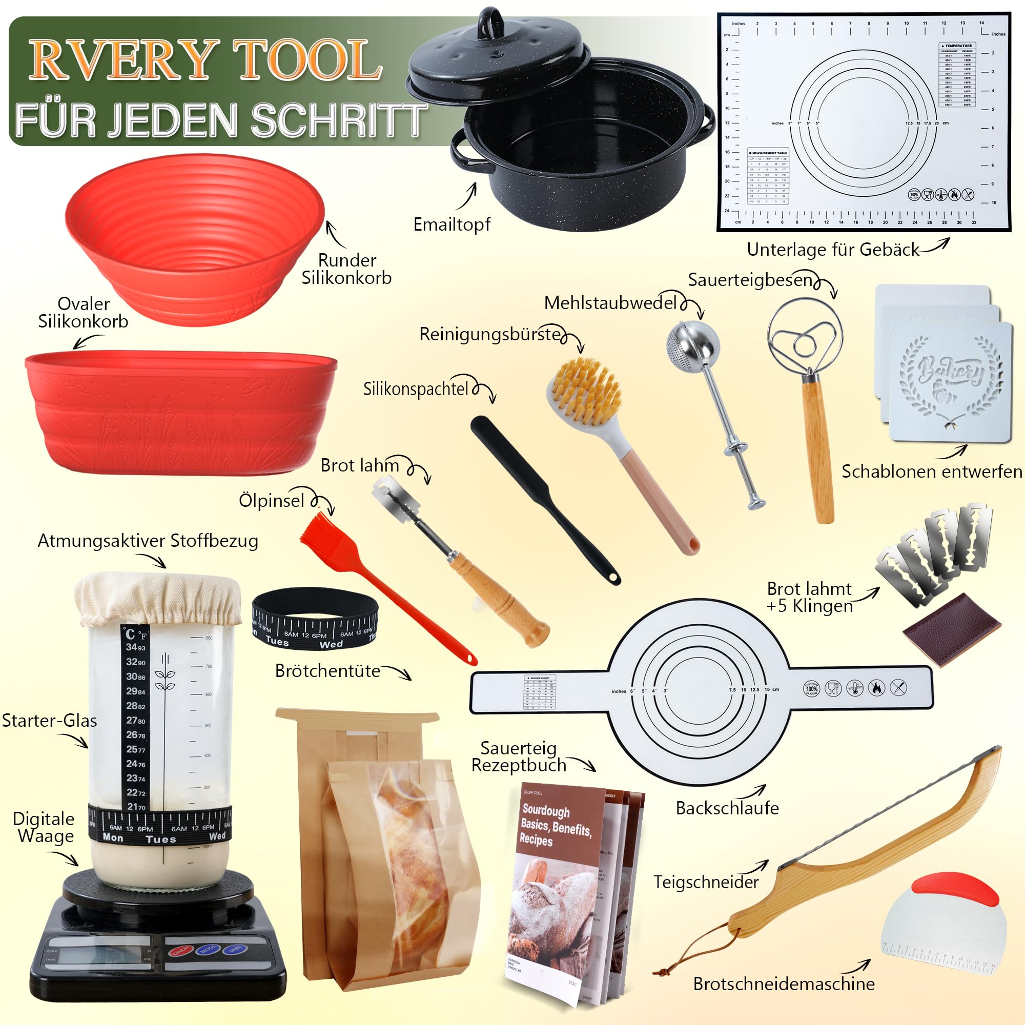 Masa fermentada, pan, horneado con olla de esmalte de alta calidad y cesta de arroz, pan, naturaleza, pan de centeno, cesta de arroz, set redondo, juego de bandejas de mano, adecuado para panaderos