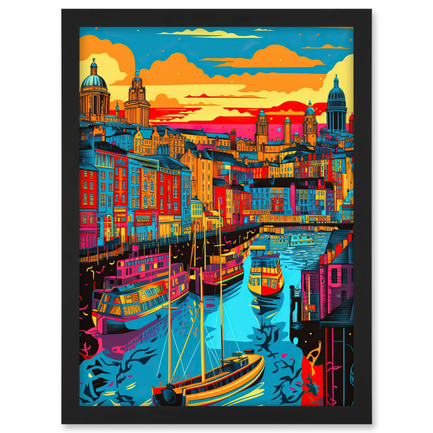Artery8 Vibrant Liverpool City Waterfront Sunset Cityscape Artwork Framed A3 Wall Art Print