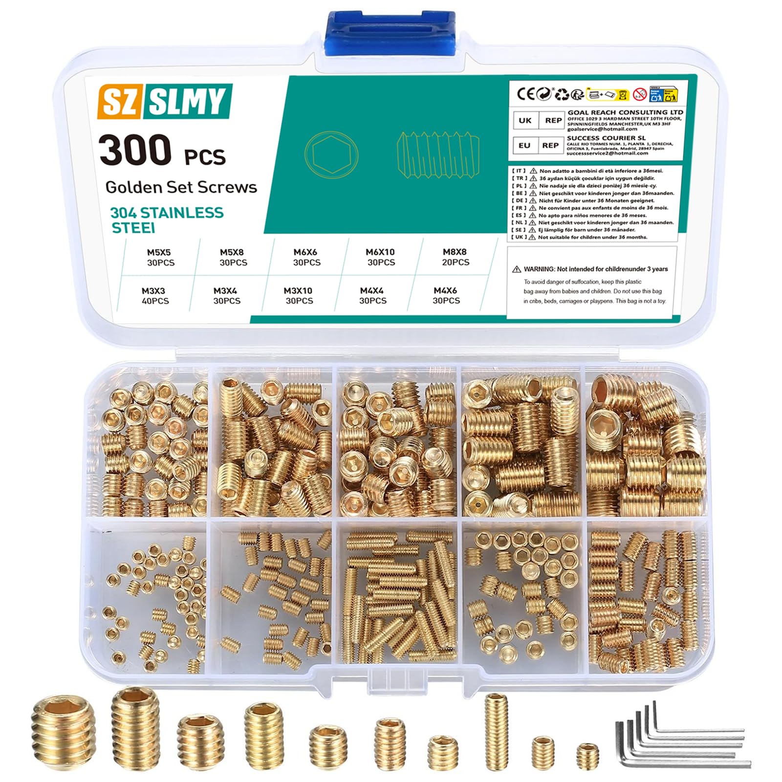 SZSLMY Gold Grub Screws Set, 300 Pieces, M3/M4/M5/M6/M8, Hex Head, Assortment Kit for Door Handle, Faucet, Brackets, Knobs