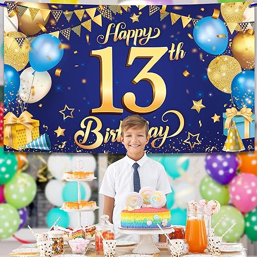 Miniatura 5 de KatchOn, Cartel azul extragrande de feliz cumpleaños número 13, 72 x 44 pulgadas, decoraciones de cumpleaños número 13 para niños y niñas,