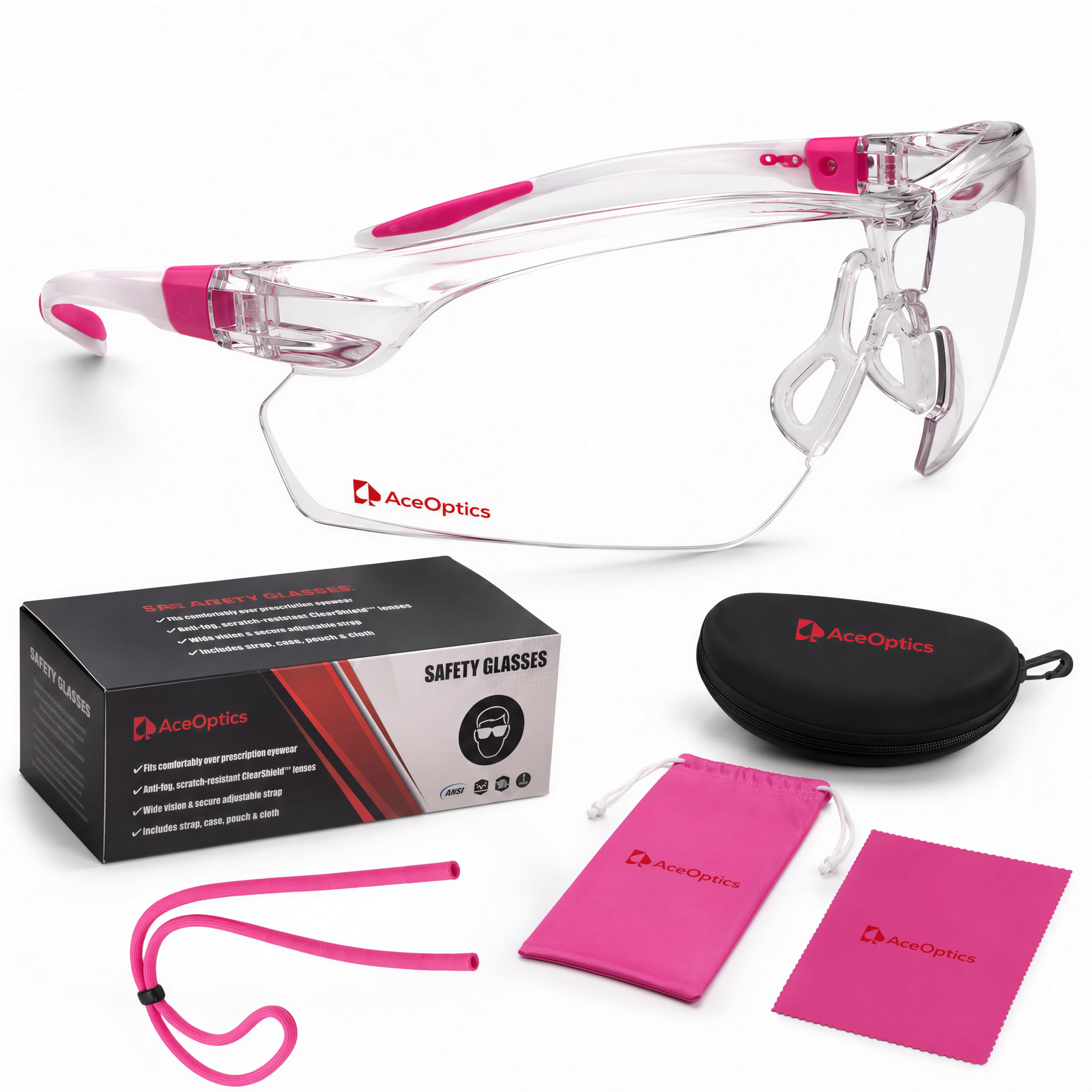 AceOptics ANSI Z87 Safety Glasses for Women – Pink Clear